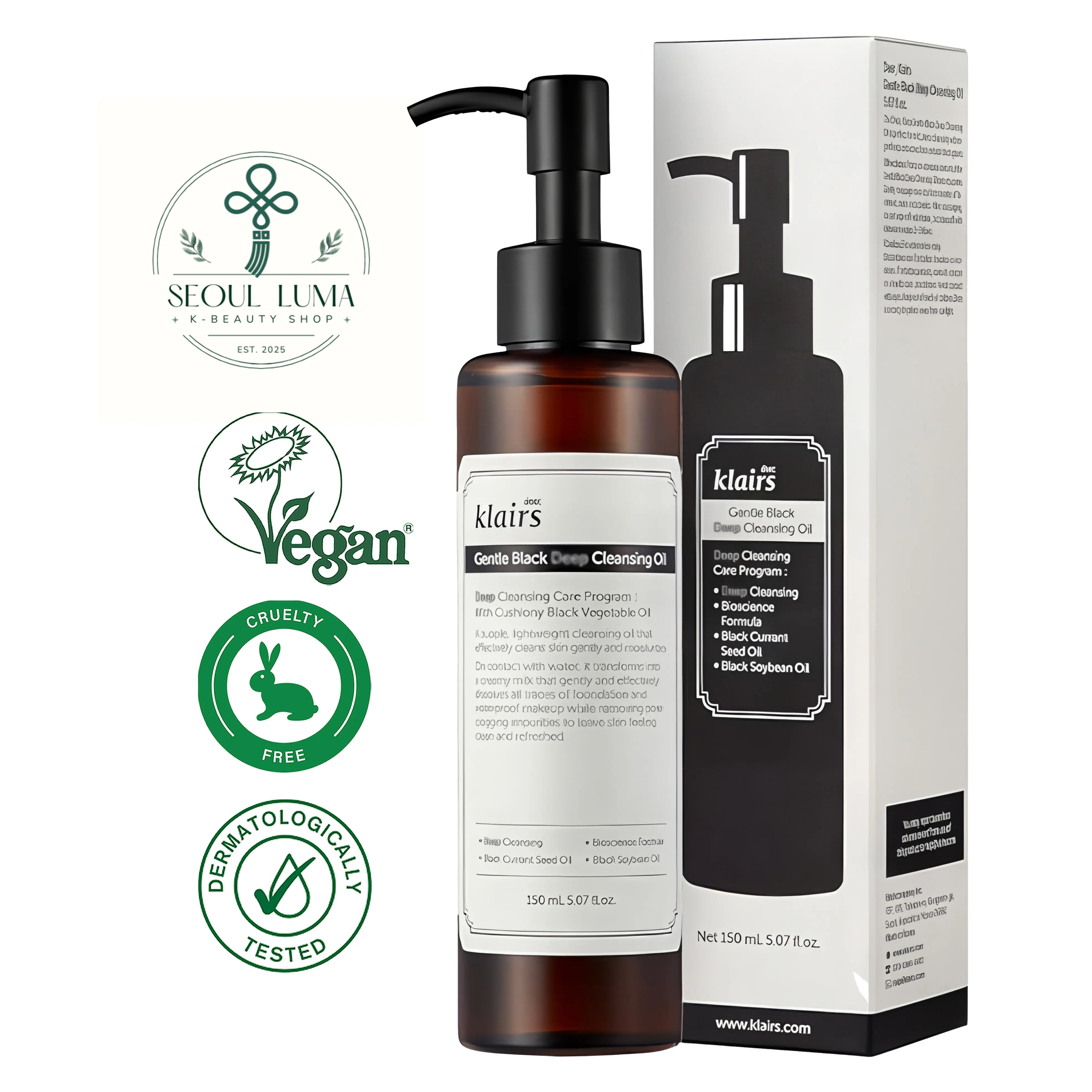 Klairs Gentle Black Cleansing Oil with black sesame, black currant, and jojoba oils for deep yet gentle makeup removal and antioxidant protection