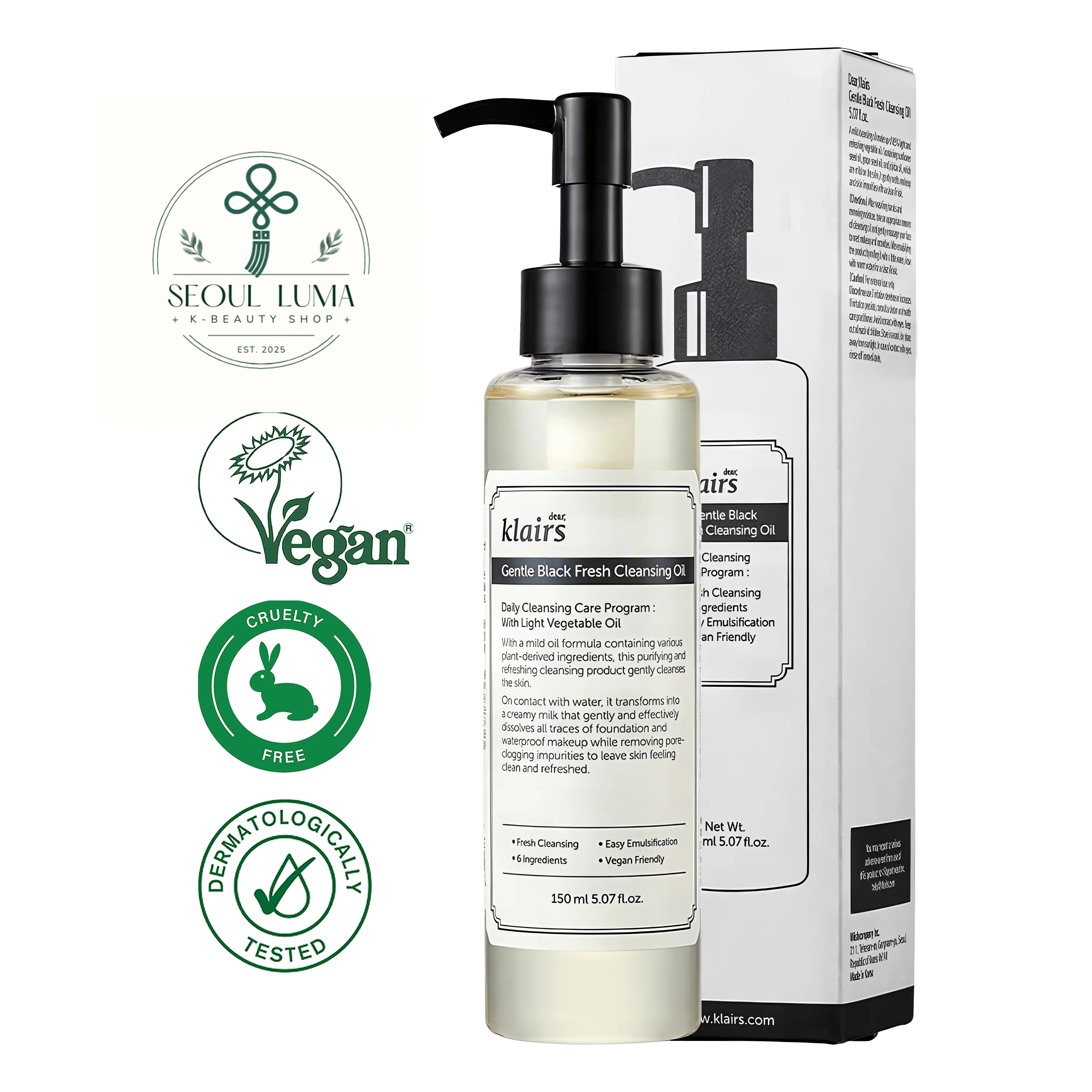 Klairs Gentle Black Fresh Cleansing Oil with 6 ingredients including sunflower, grape, and jojoba oils for gentle daily cleansing