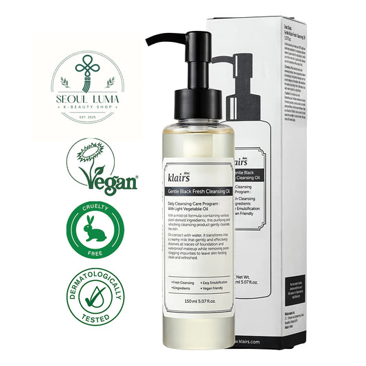 Klairs Gentle Black Fresh Cleansing Oil with 6 ingredients including sunflower, grape, and jojoba oils for gentle daily cleansing
