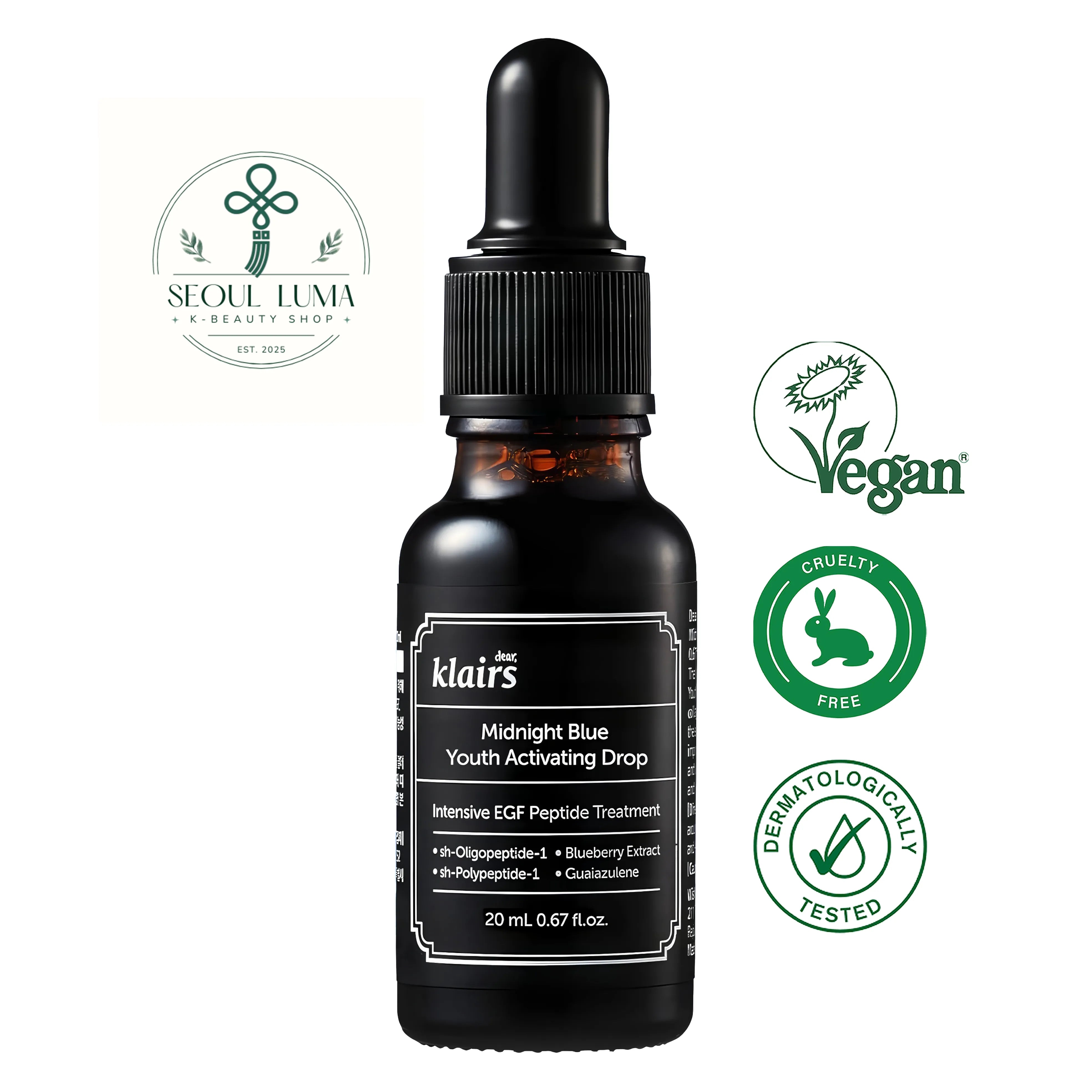 Klairs Midnight Blue Youth Activating Drop with EGF, bFGF peptides, and guaiazulene for anti-aging and sensitive skin care