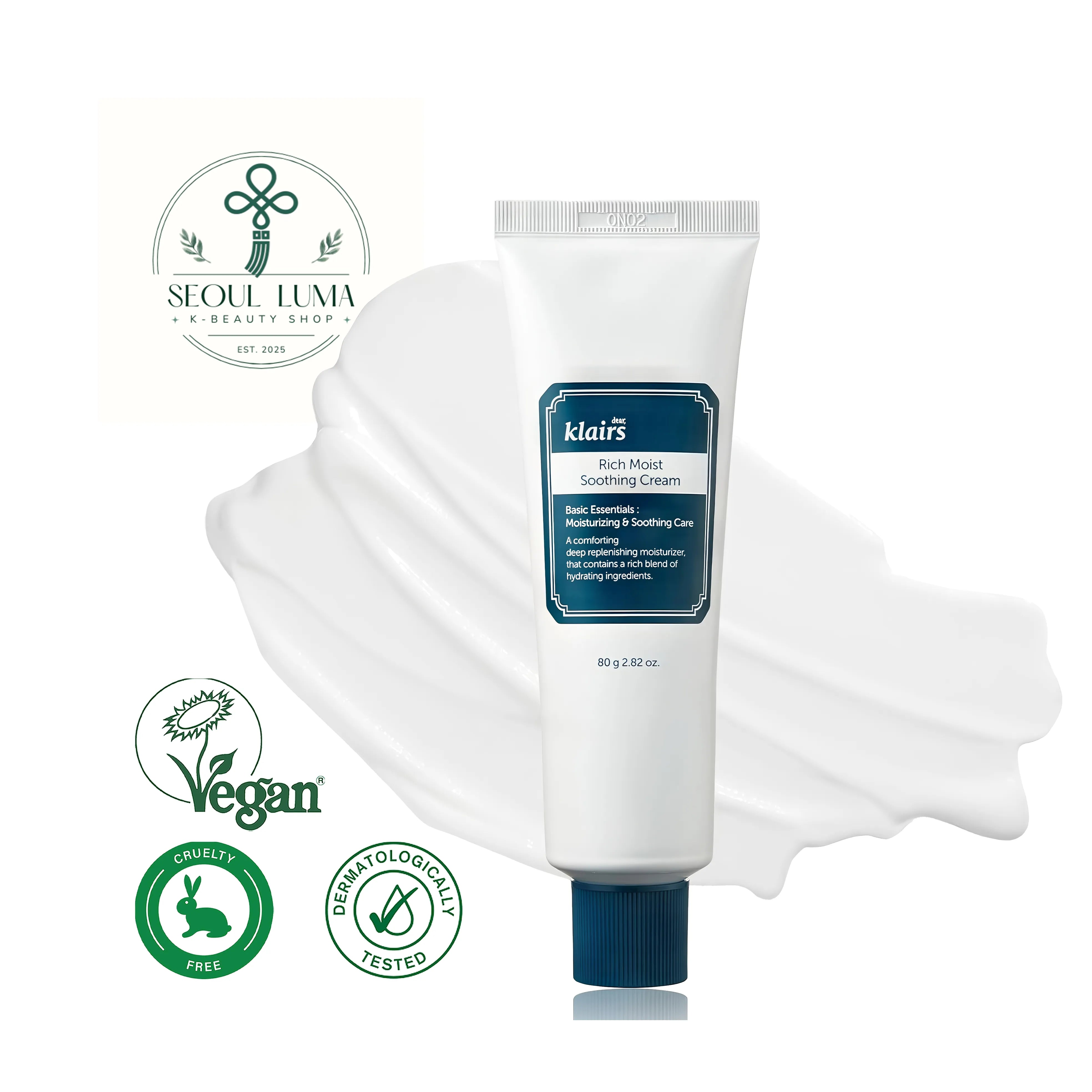 Klairs Rich Moist Soothing Cream with beta-glucan, ceramides, and botanical extracts for 24-hour hydration and barrier repair