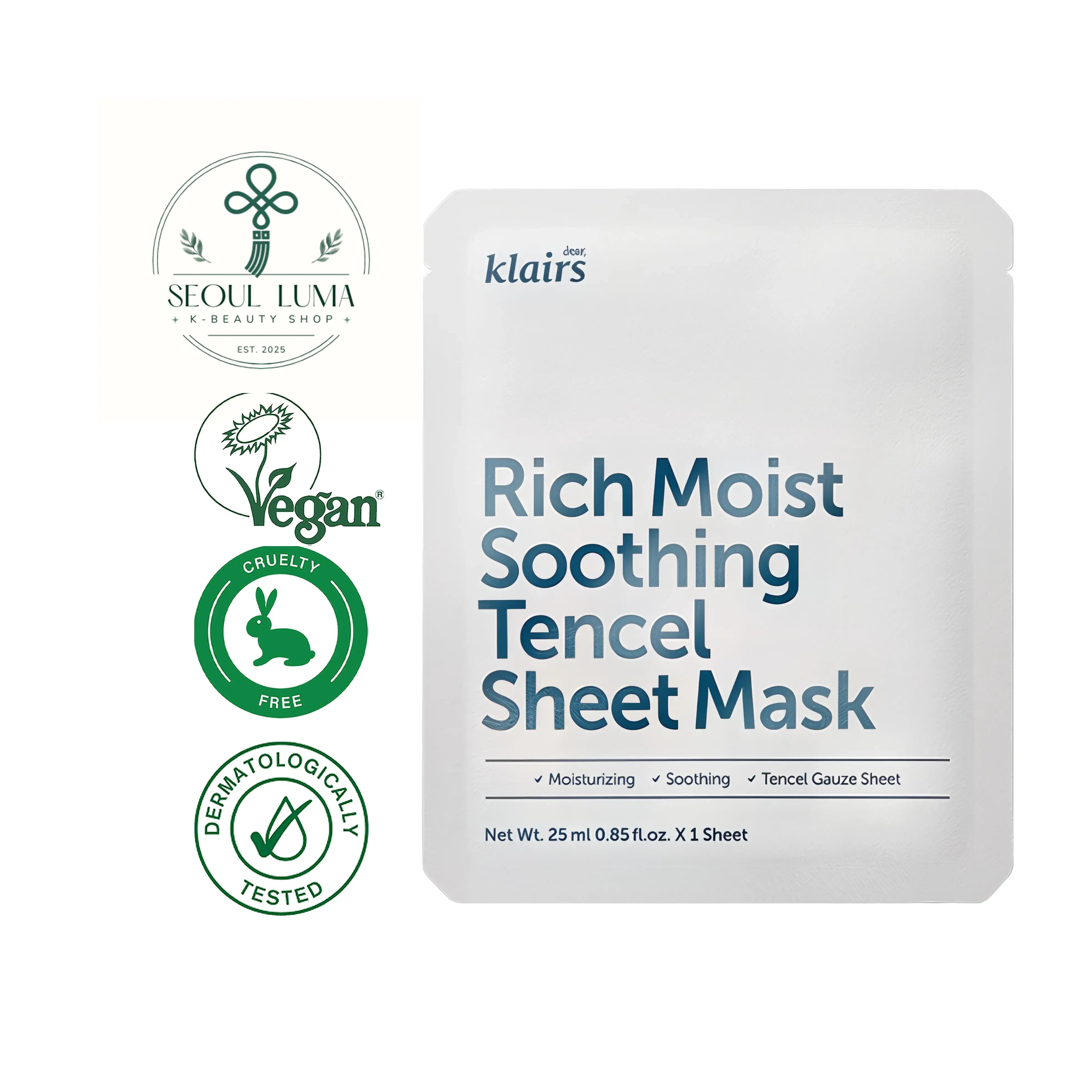 Klairs Rich Moist Soothing Tencel Sheet Mask with 5 Ceramides and dual-layered Tencel for deep hydration and barrier repair