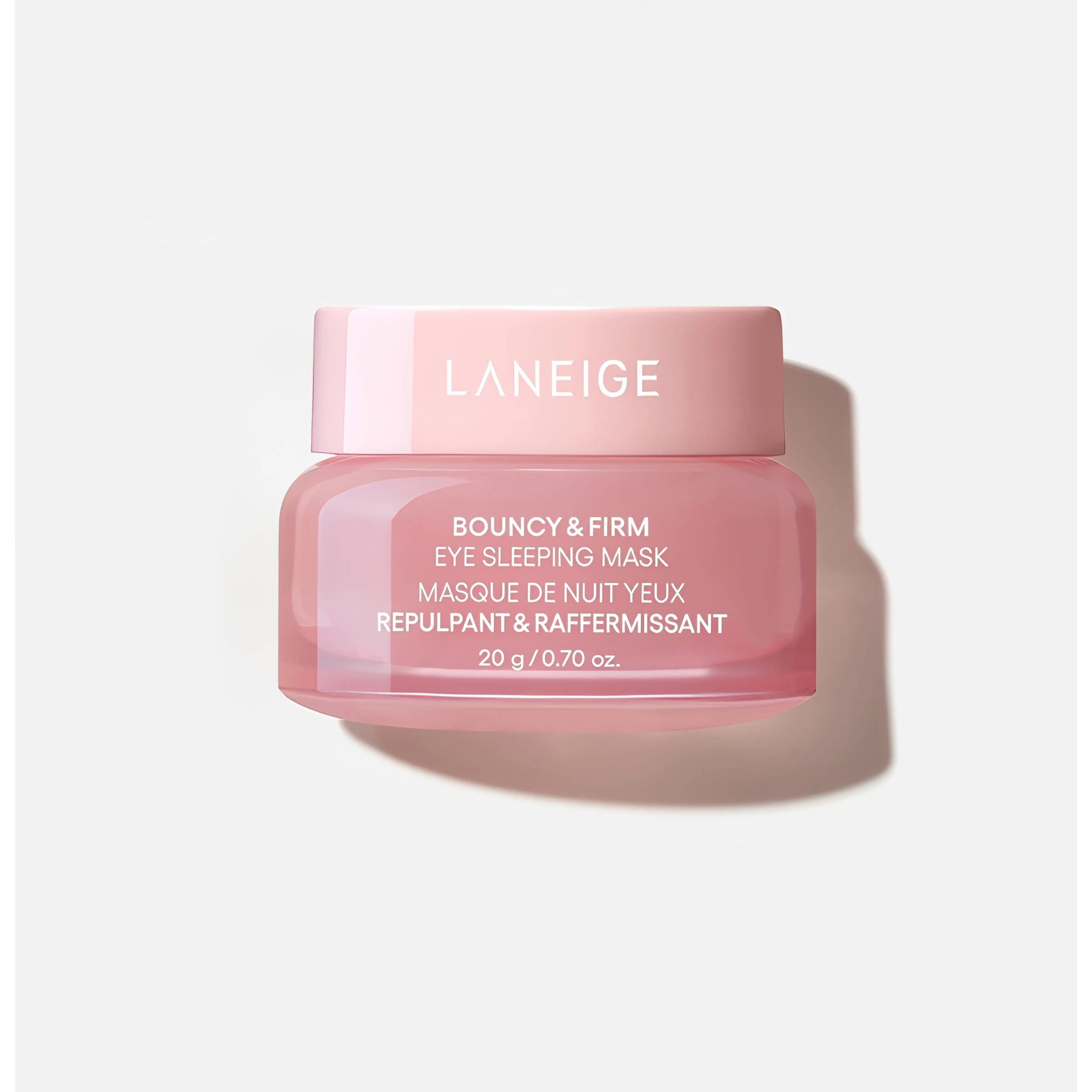 LANEIGE Bouncy & Firm Eye Sleeping Mask 20g, nighttime eye treatment with Peony-Collagen Complex™ and Caffeine to depuff, tighten, and smooth the delicate eye area while Niacinamide brightens dark circles for a revitalized morning look.
