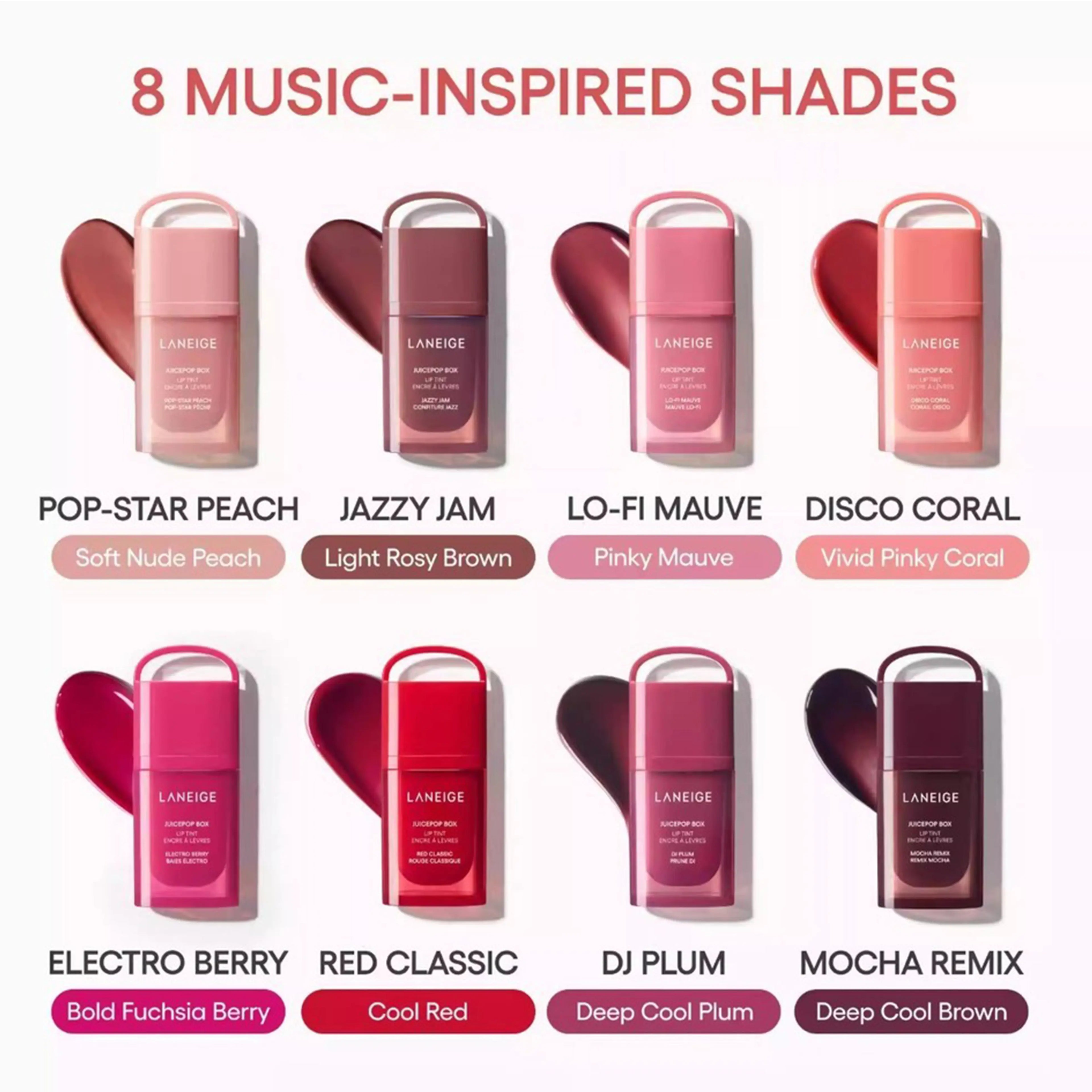 Laneige Juice Pop Box Lip Tint 4.5g set in various shades. Provides long-lasting vibrant color with a dewy, moisturizing finish for fresh-looking lips.