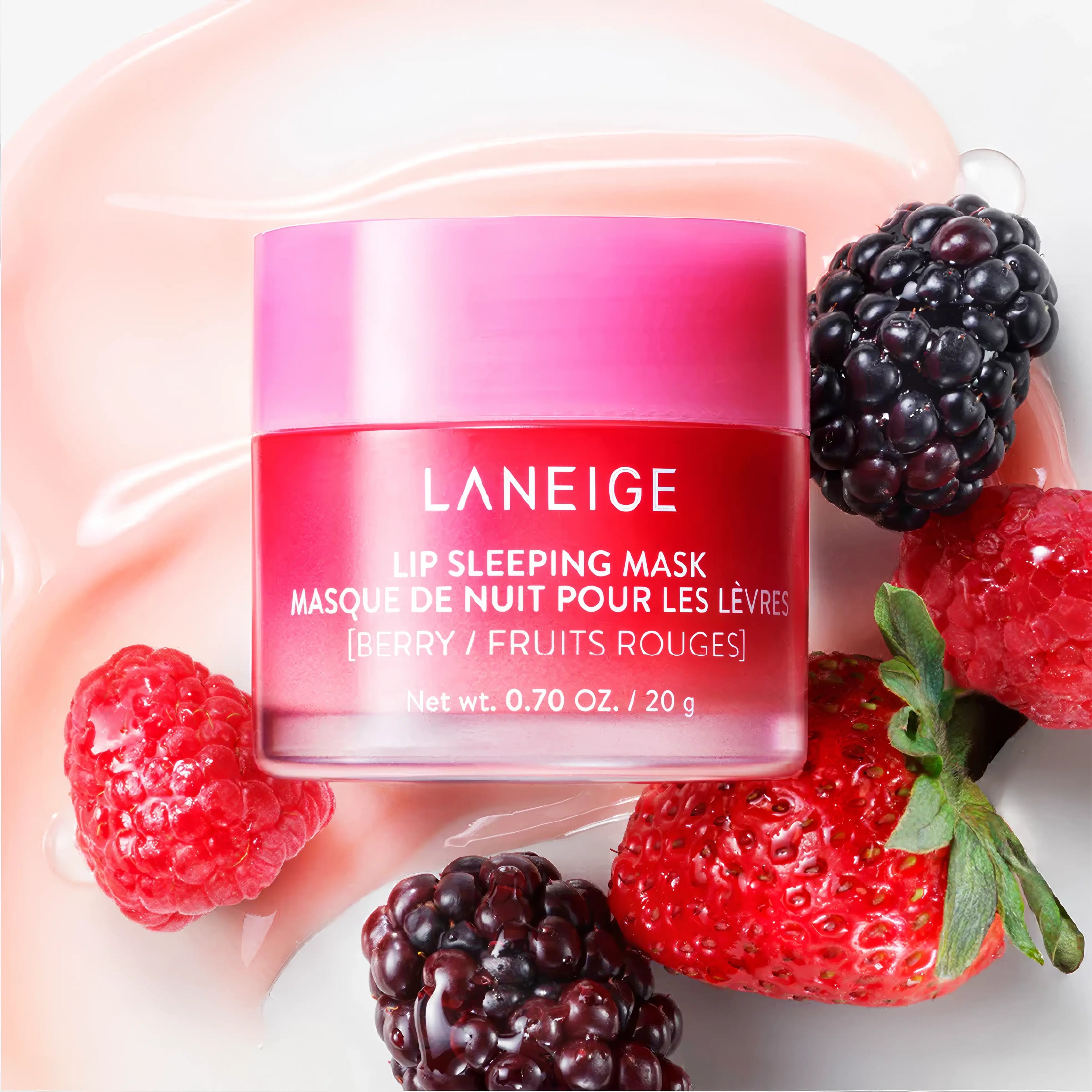 LANEIGE Lip Sleeping Mask 20ml, overnight intensive lip treatment with Murumuru Butter, shea butter, and vitamin C to deeply hydrate, repair dry chapped lips, and smooth texture for plump supple lips by morning.
