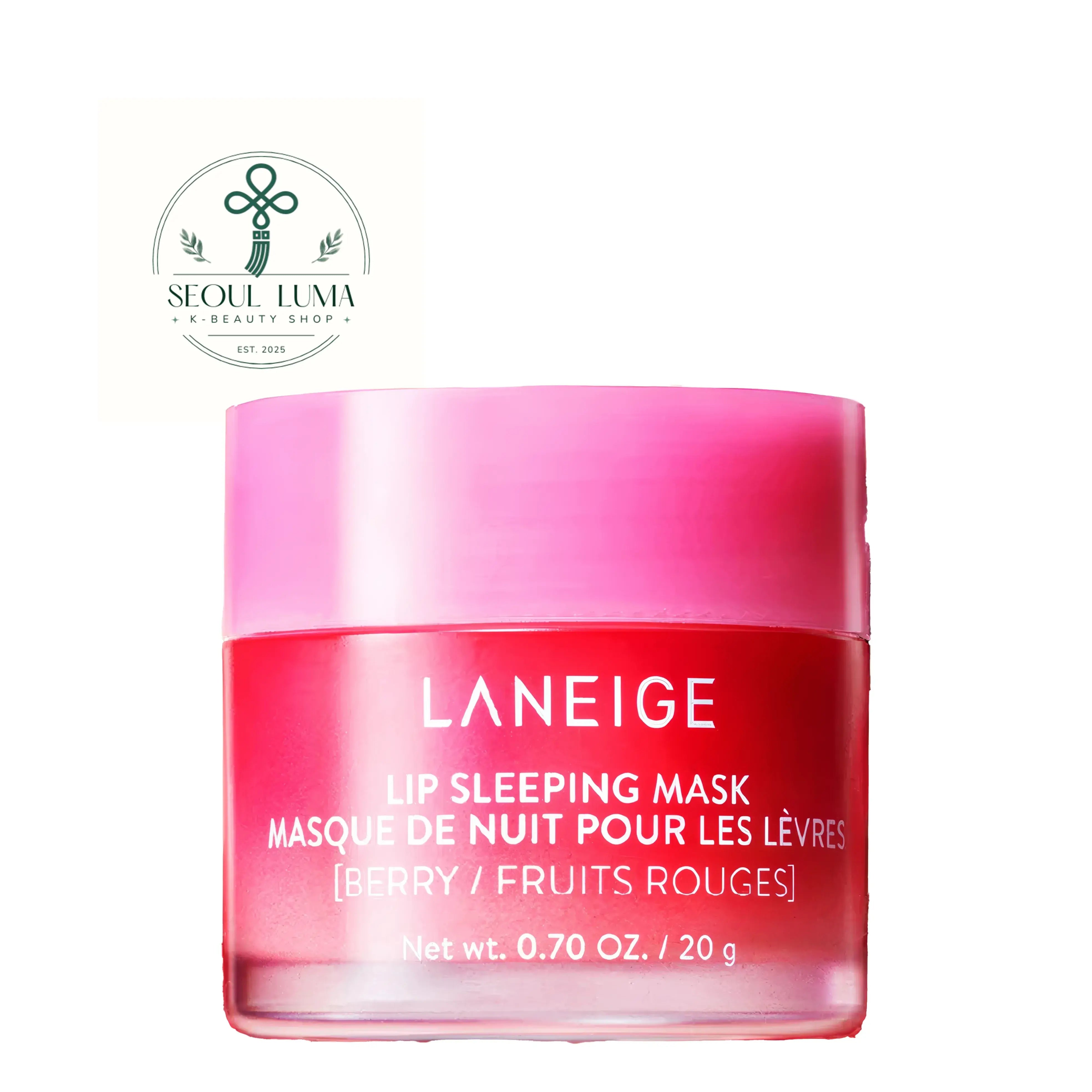 LANEIGE Lip Sleeping Mask - overnight lip treatment with Berry Fruit Complex, vitamin C, and coconut oil available in Apple Lime, Berry, Grapefruit, Gummy Bear, Mango, Matcha Bubble Tea, Mint Choco, Peach Iced Tea, Sweet Candy, Taro Bubble Tea, and Vanilla flavors for soft, smooth, hydrated lips