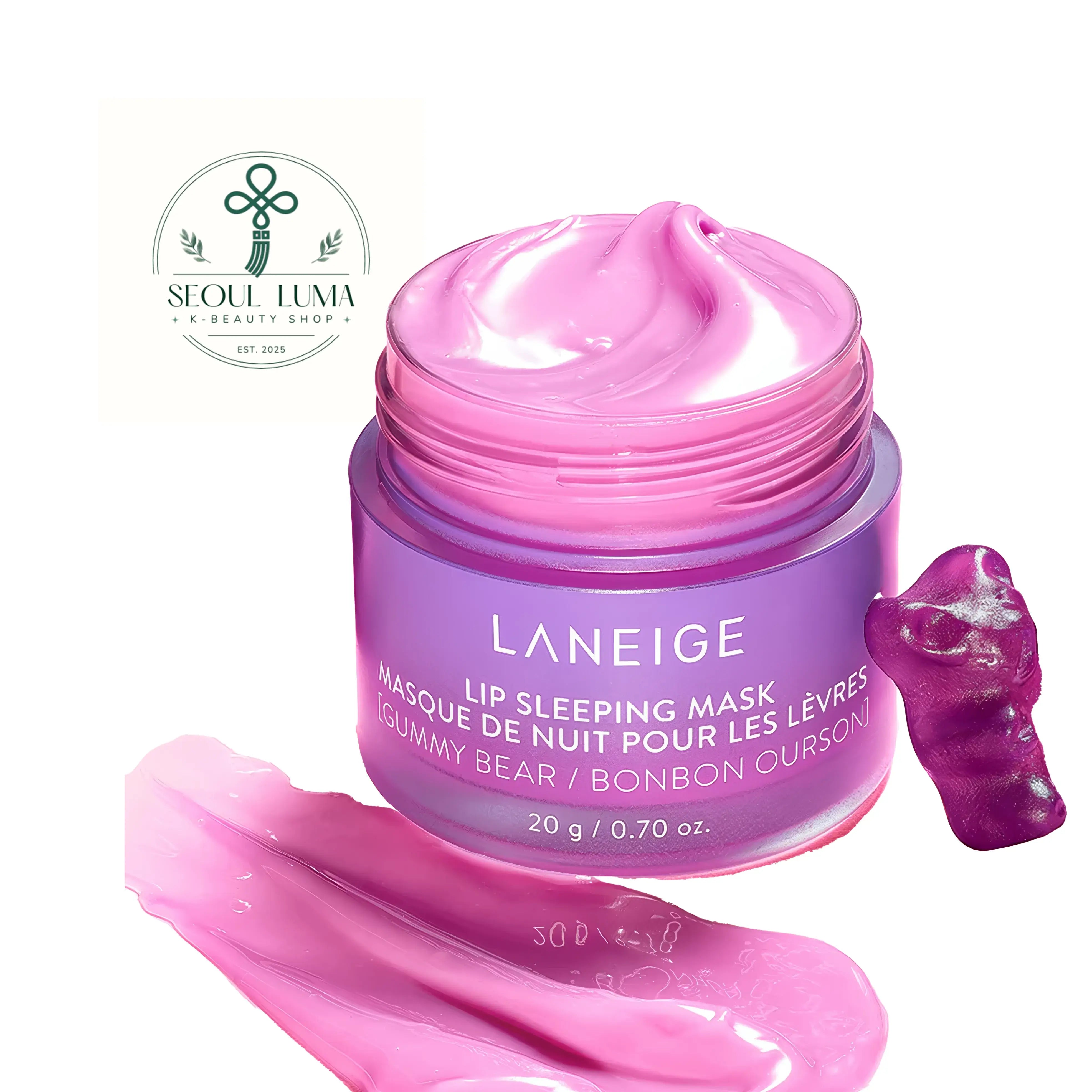 LANEIGE Lip Sleeping Mask - overnight lip treatment with Berry Fruit Complex, vitamin C, and coconut oil available in Apple Lime, Berry, Grapefruit, Gummy Bear, Mango, Matcha Bubble Tea, Mint Choco, Peach Iced Tea, Sweet Candy, Taro Bubble Tea, and Vanilla flavors for soft, smooth, hydrated lips
