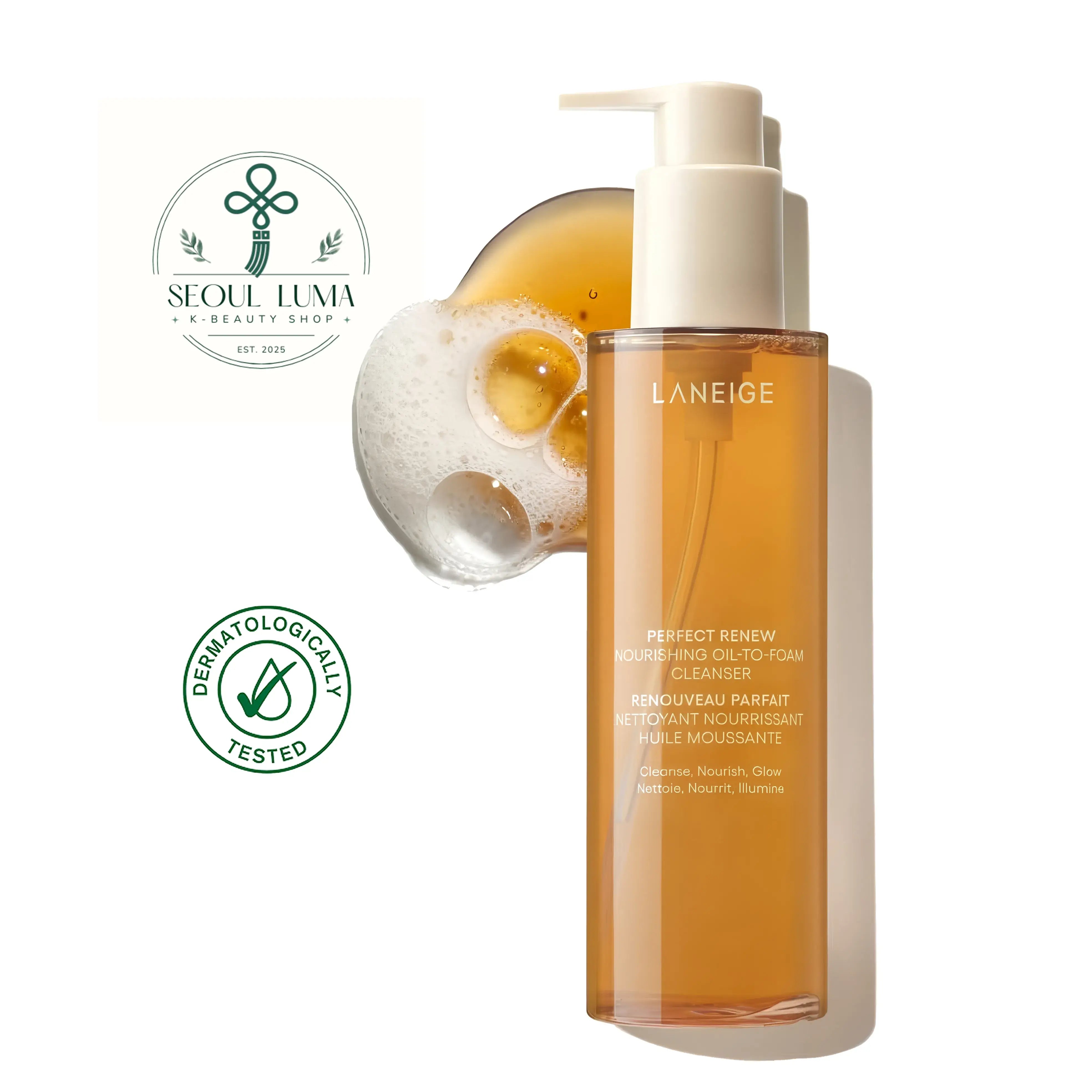 LANEIGE Perfect Renew Nourishing Oil-To-Foam Cleanser - transformative cleanser with Red Flavonoid™, five essence oils, and stable vitamin C for anti-aging cleansing