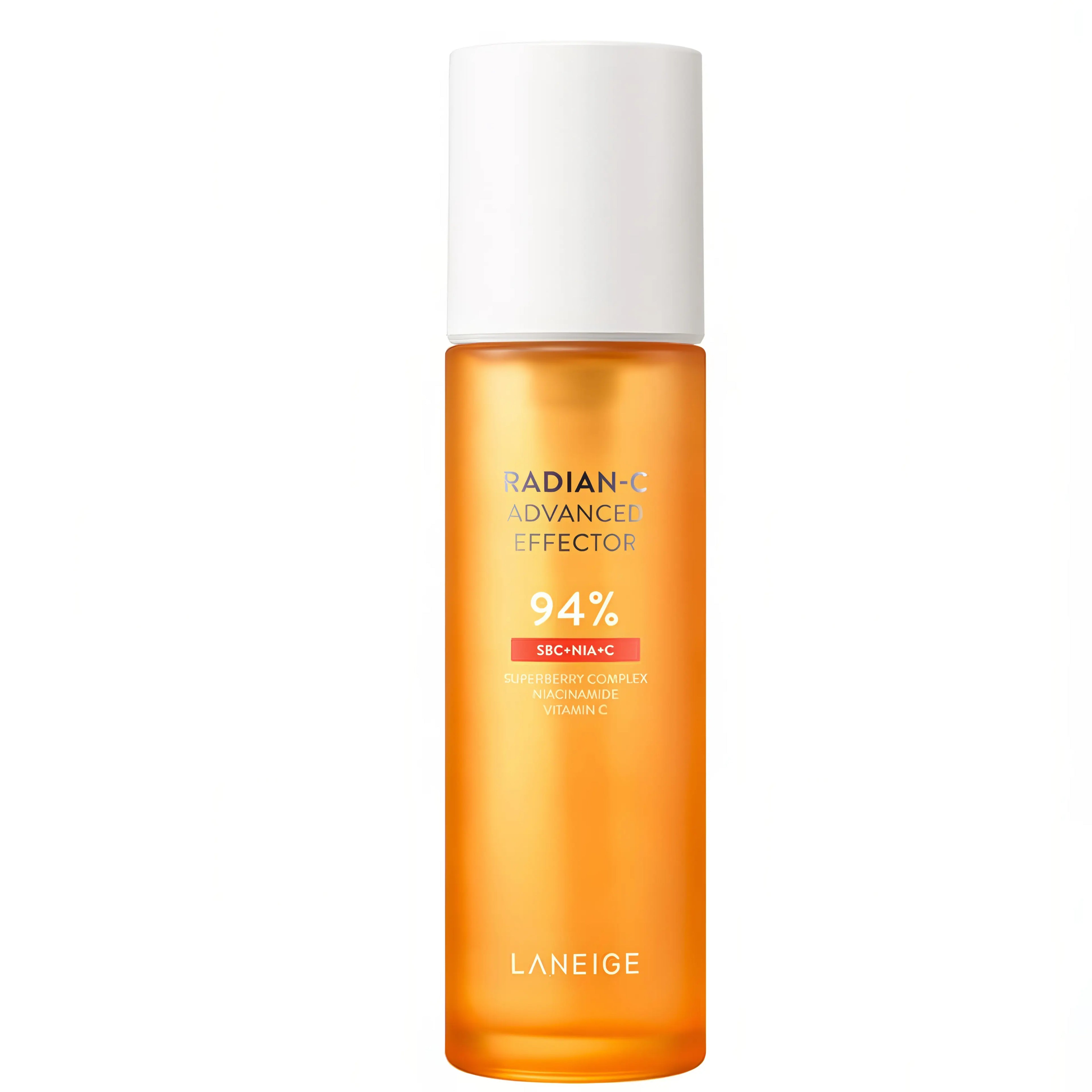 LANEIGE Radian-C Advanced Effector 150ml, brightening essence with Super Berry Complex and 3X Vitamin Mix to fade dark spots, boost radiance, and strengthen skin barrier for a glowing complexion.
