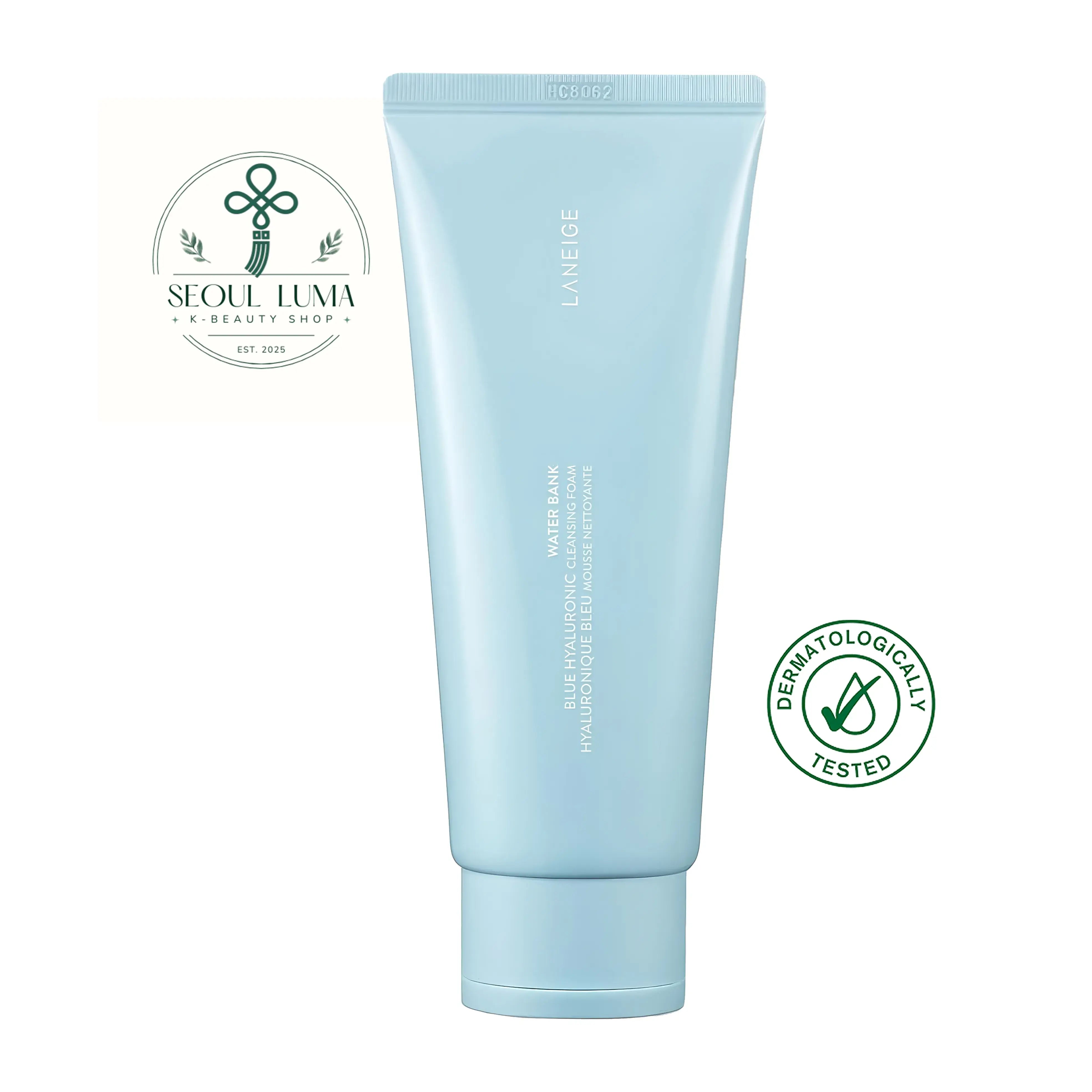 LANEIGE Water Bank Blue Hyaluronic Cleansing Foam - hydrating foam cleanser with micro-sized Blue HA, papain enzyme, and cellulose beads for makeup removal and gentle exfoliation