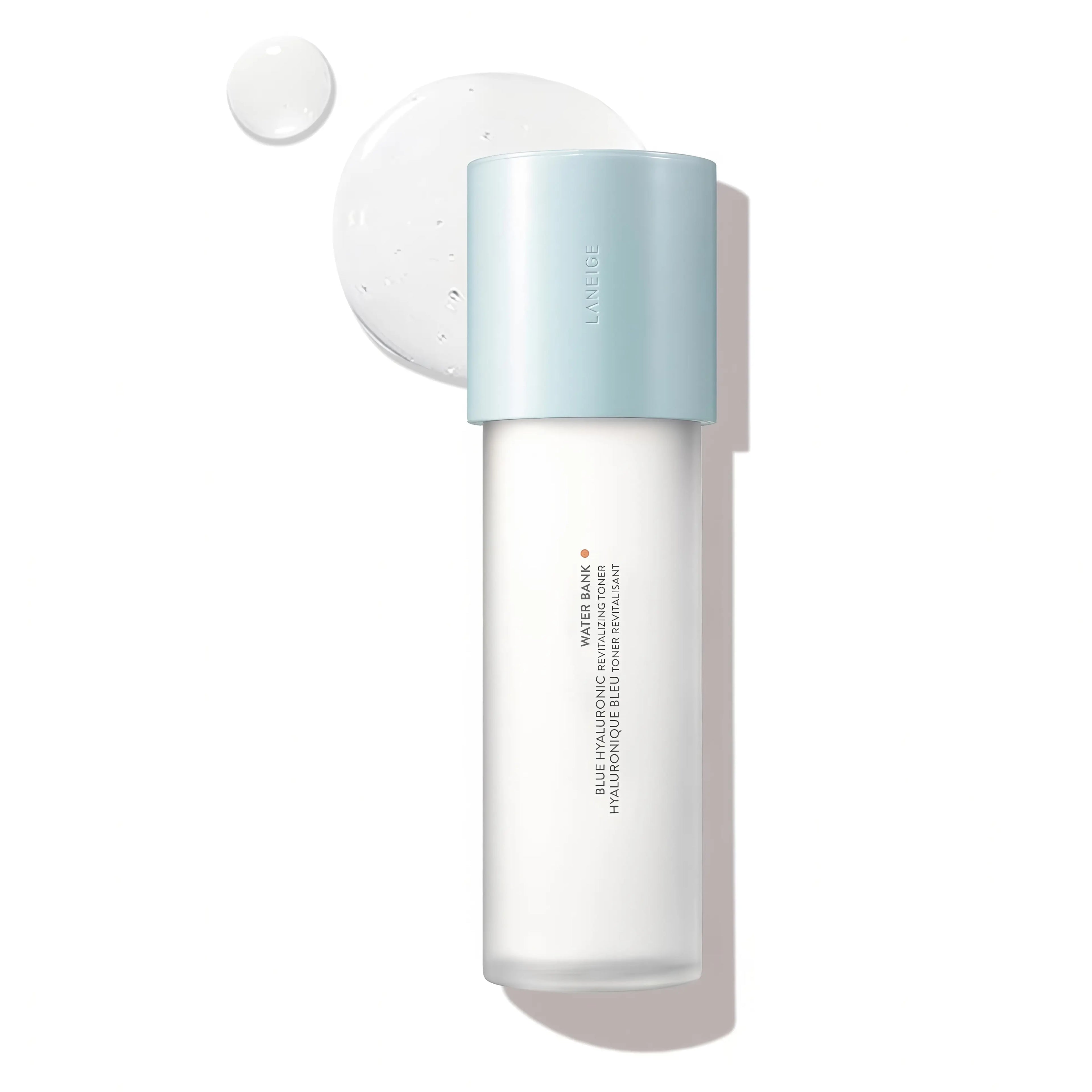 LANEIGE Water Bank Blue Hyaluronic Essence Toner 160ml for normal to dry skin, deeply hydrating essence-toner with Blue Hyaluronic Acid and Beta Pro-nol Complex to repair barrier and plump skin texture.
