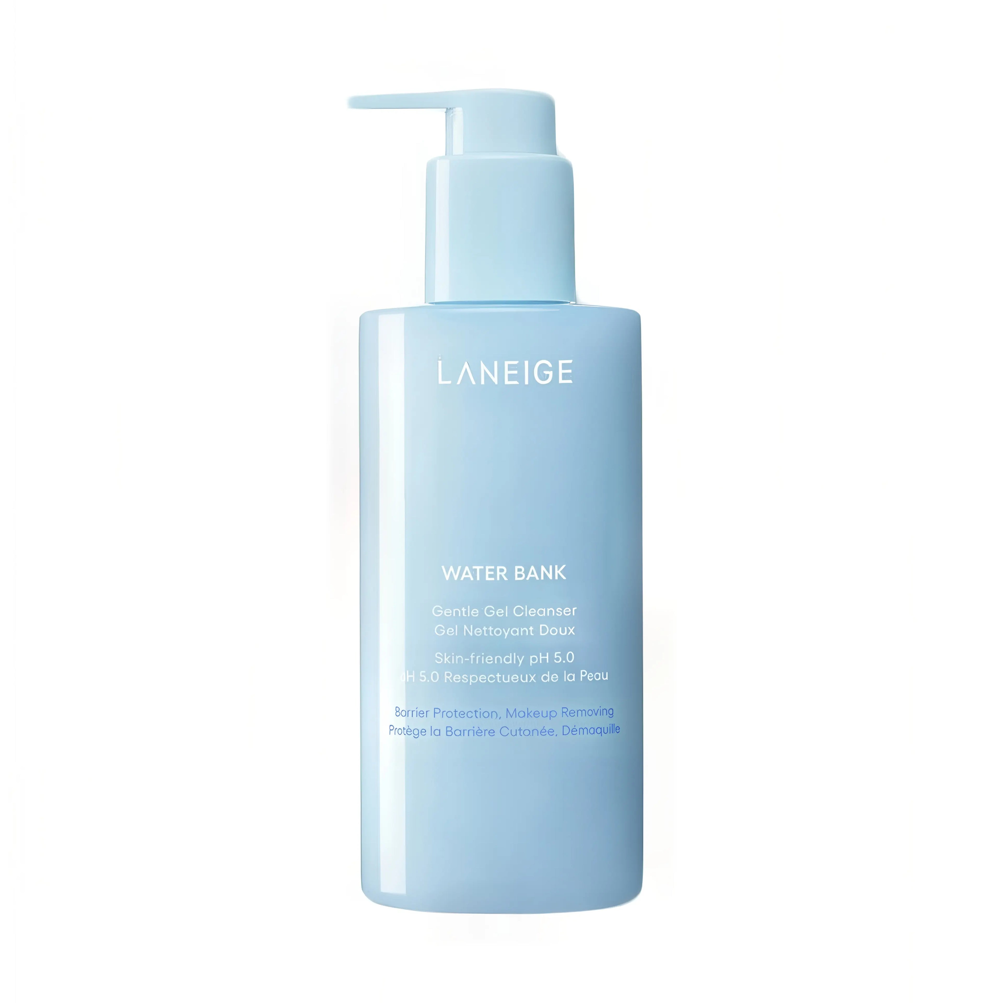 LANEIGE Water Bank Gentle Gel Cleanser 250ml, pH 5.0 gel-to-foam cleanser with Blue Hyaluronic Acid, Allantoin, and Amino Acid Complex to gently remove makeup and impurities while maintaining hydration and barrier.

