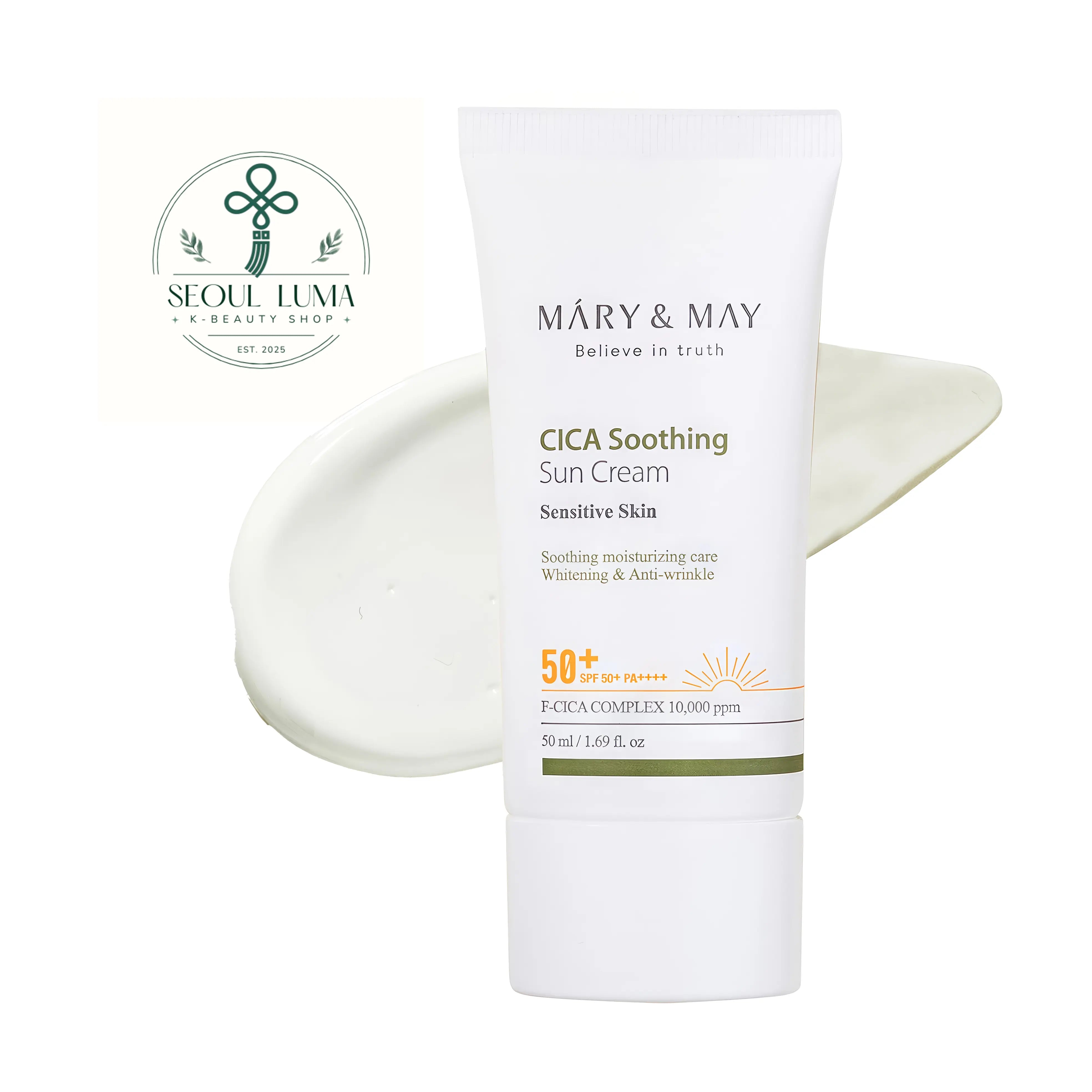 Mary & May Cica Soothing Sun Cream SPF50+ PA++++ (50ml). A vegan chemical sunscreen with 10,000ppm fermented cica complex that soothes sensitive skin without white cast.