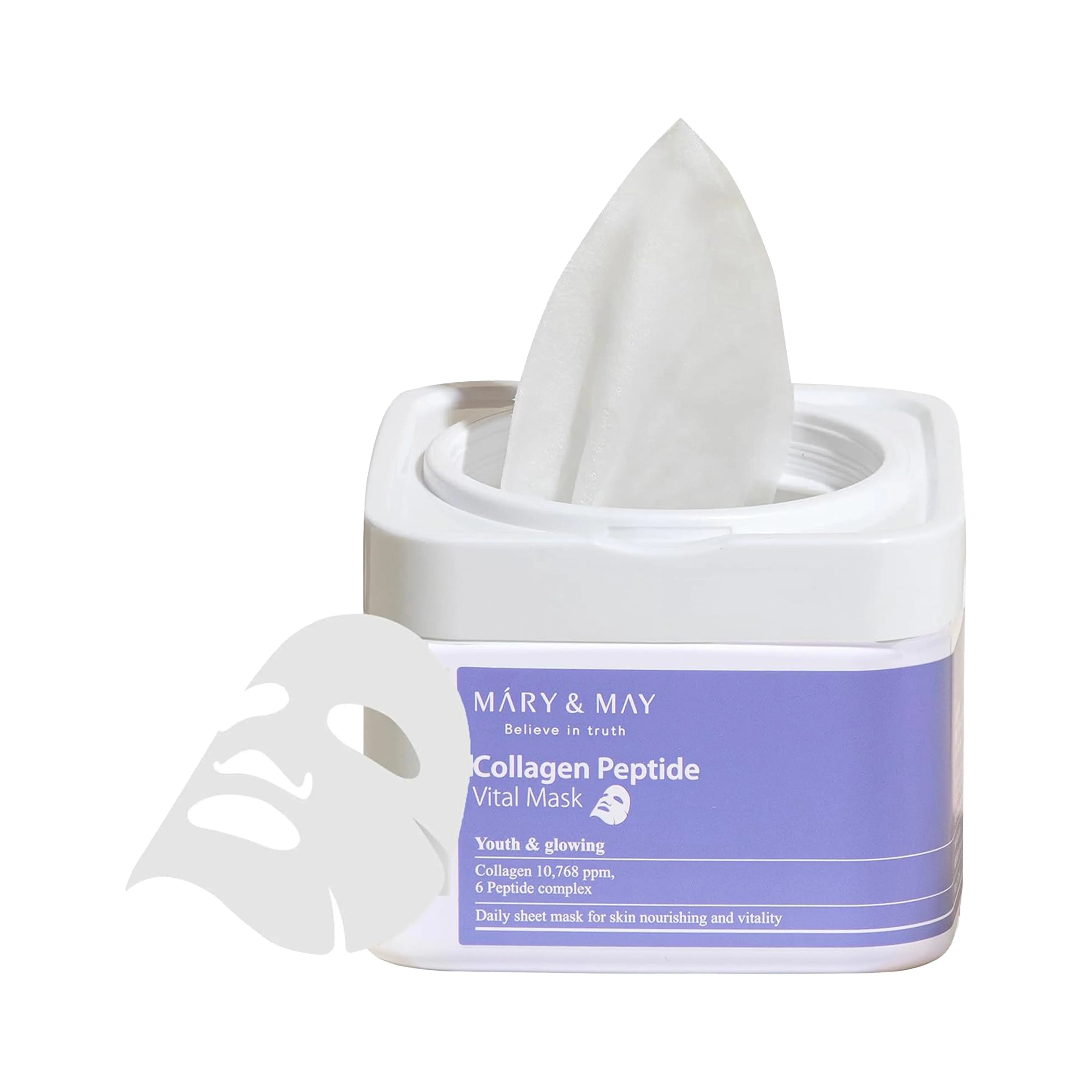 Mary&May Collagen Peptide Vital Mask 30 Sheets. K-beauty daily pull-out mask pack with Collagen and 6 Peptides