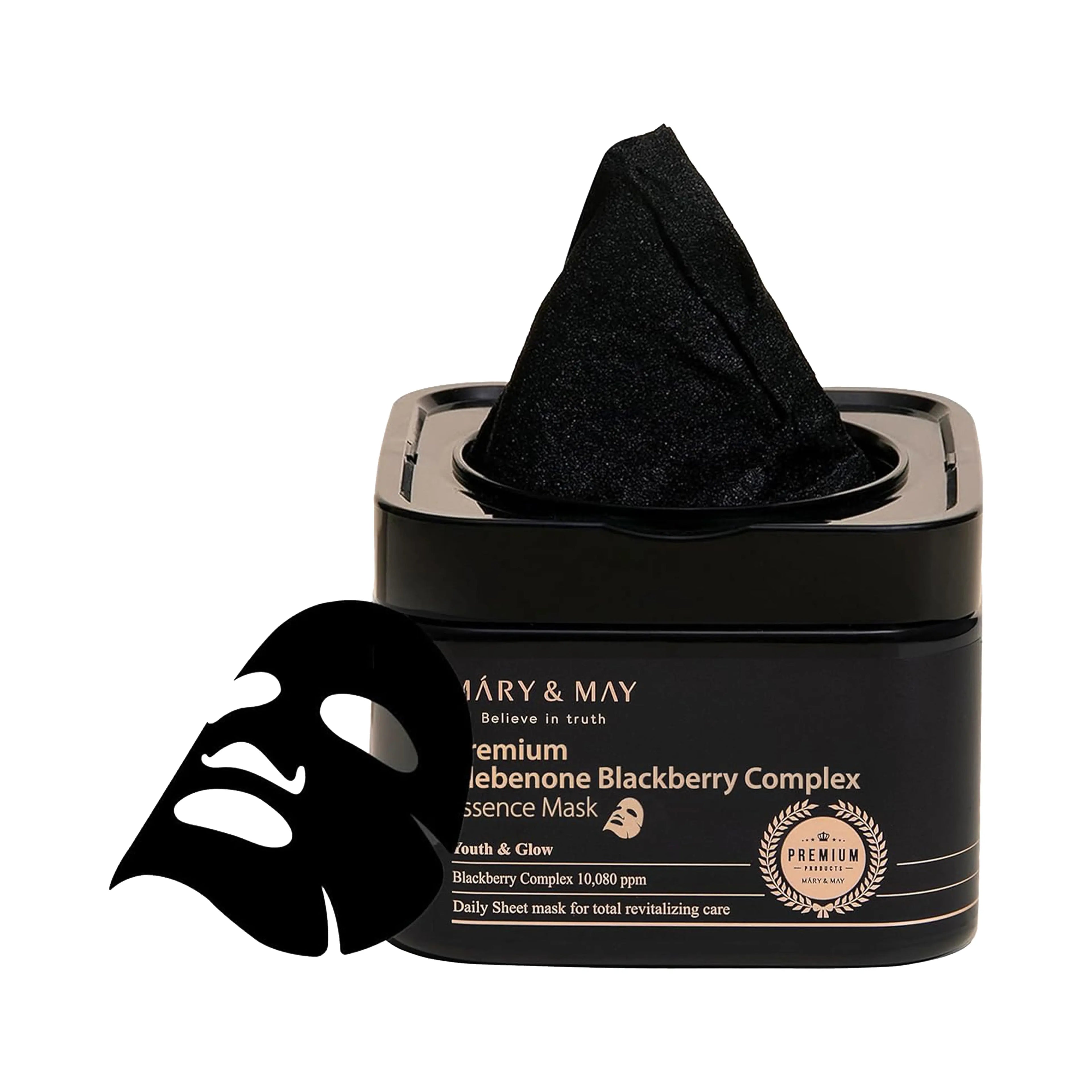Mary&May Premium Idebenone Blackberry Complex Essence Mask 20 Sheets. K-beauty premium antioxidant mask pack with Idebenone and Blackberry Complex