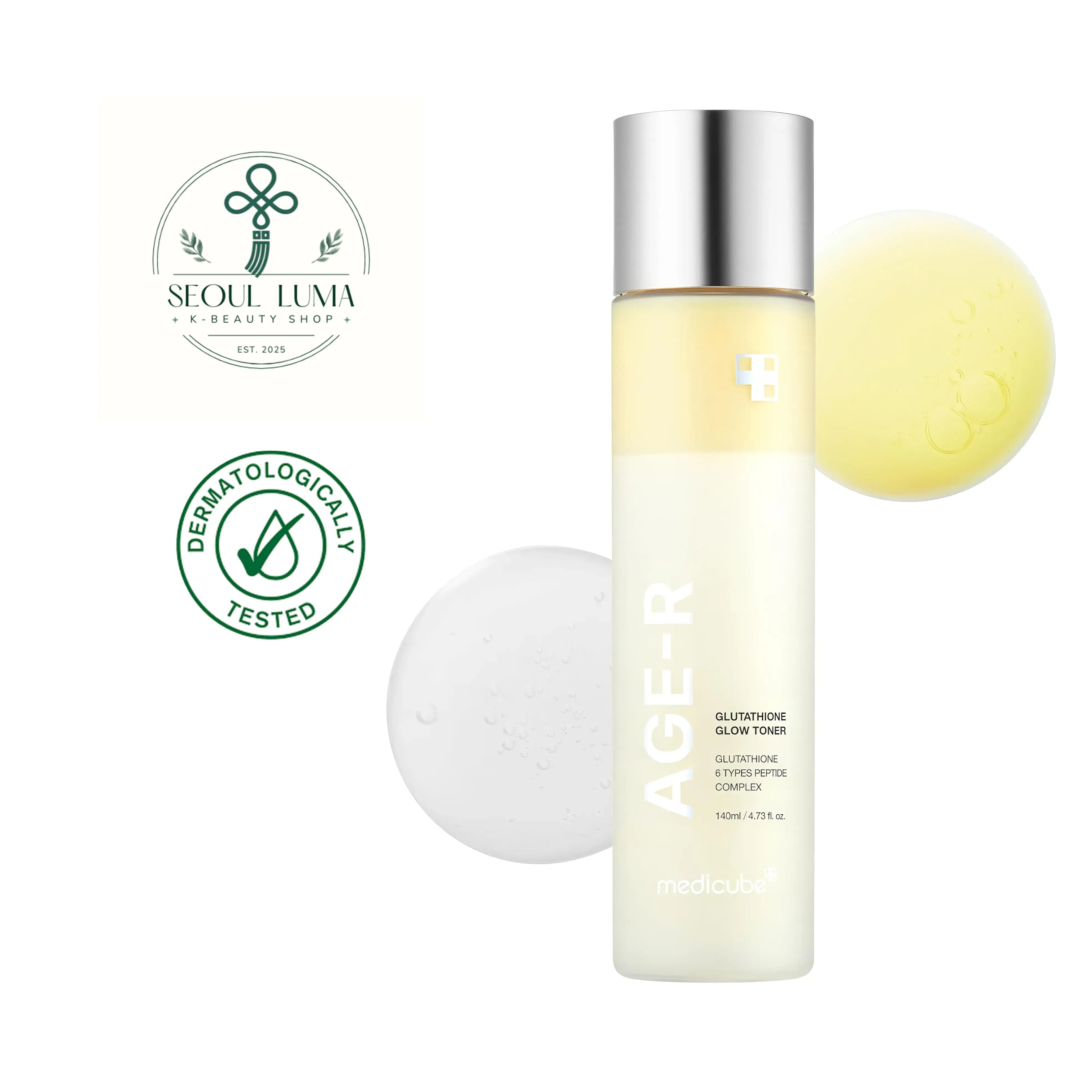 MEDICUBE AGE-R Glutathione Glow Milk Toner - 140ml milky toner with 99.2% pure glutathione, 6 peptides, and niacinamide for brightening and anti-aging