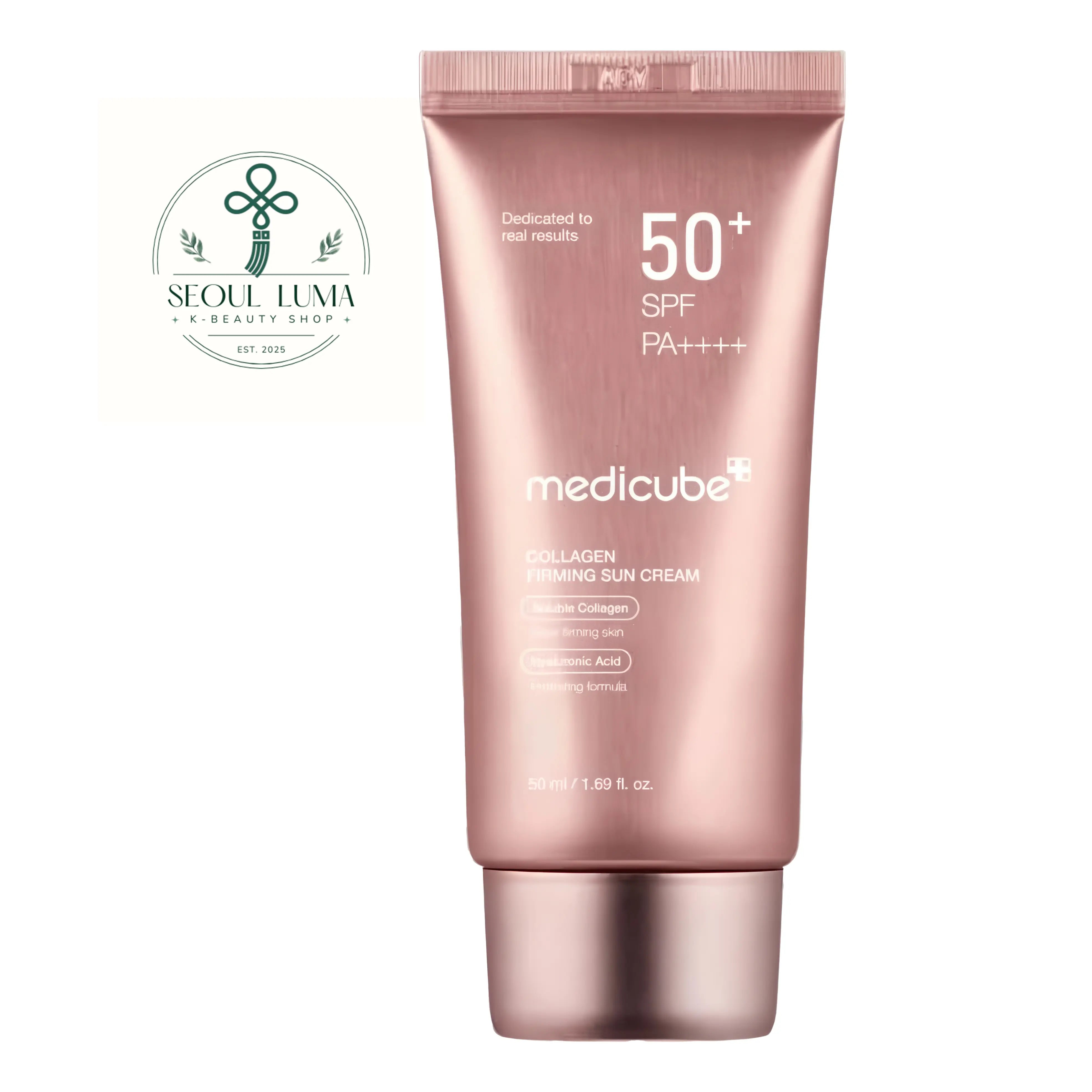Medicube Collagen Firming Sun Cream SPF50+ PA++++ (50ml). An anti-aging sunscreen with 4 types of collagen that improves elasticity and provides a natural peach tone-up glow