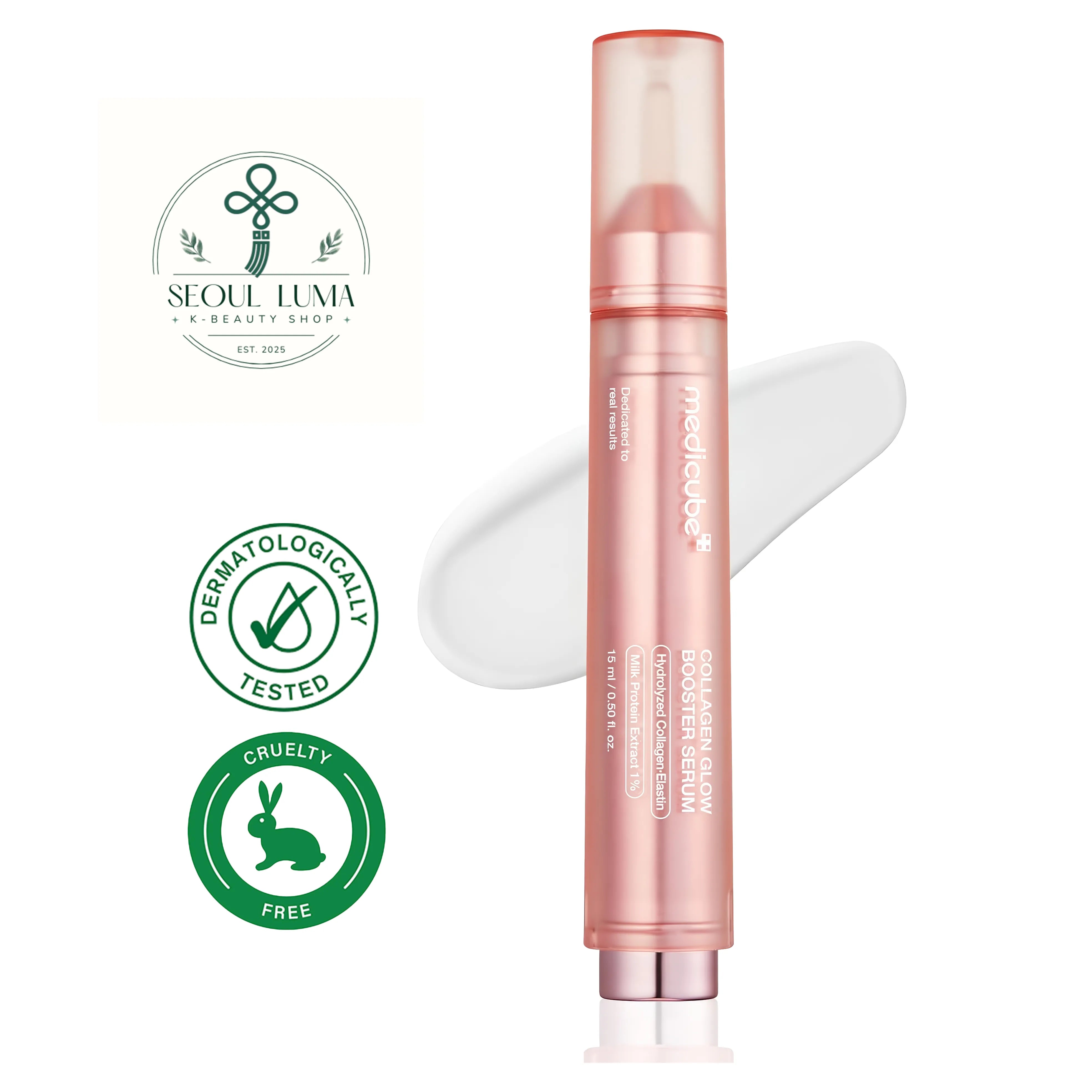 MEDICUBE Collagen Glow Booster Serum with milk protein, PDRN, and niacinamide in innovative airless pump packaging for instant glow