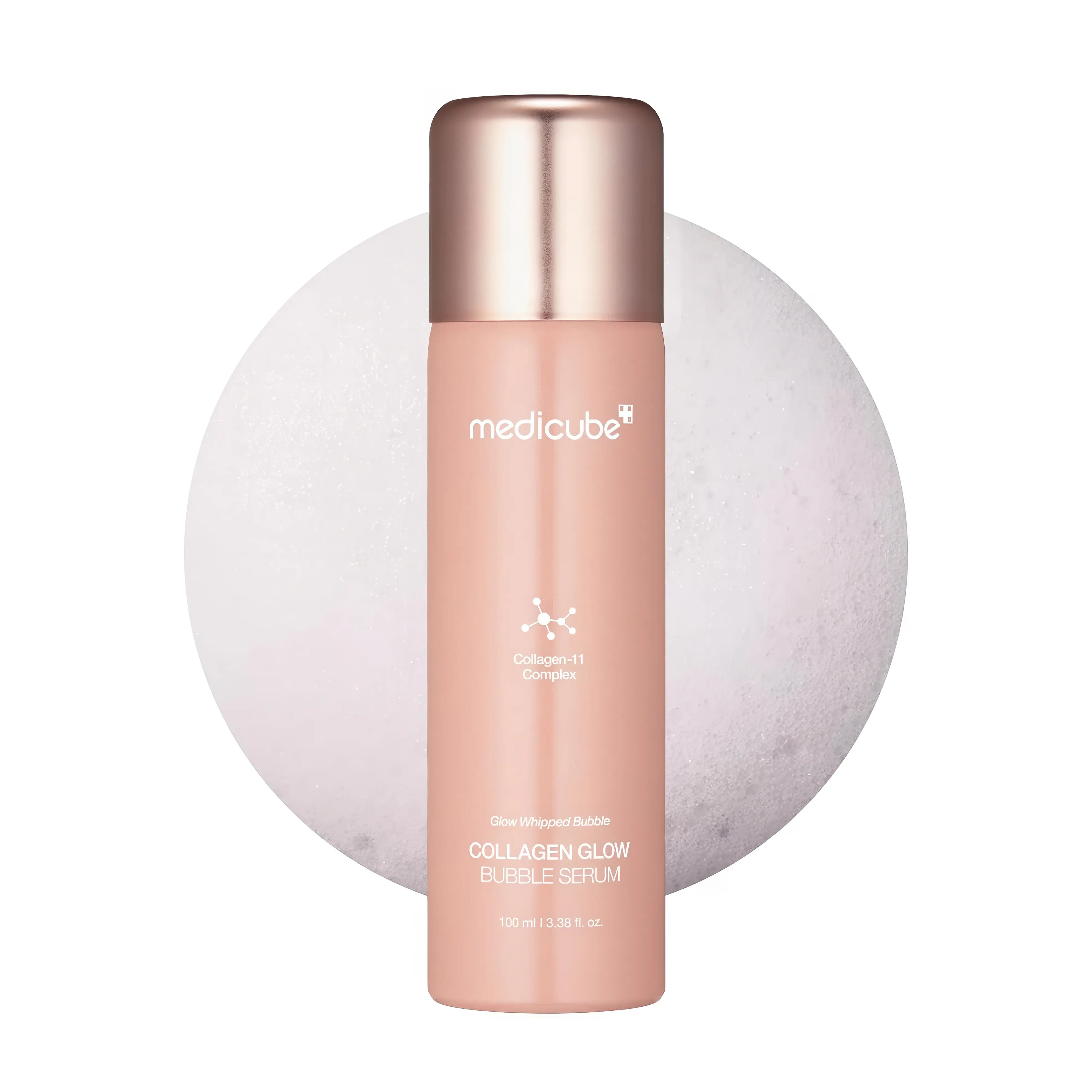 Medicube Collagen Glow Bubble Serum (100ml), innovative bubble-activated serum for all skin types including dry, aging, and dull skin, features 50,000ppm 11-type collagen complex, niacinamide, retinal, glutathione, and multi-hyaluronic acid to boost elasticity, smooth fine lines and wrinkles, brighten tone, and provide 24-hour lifted glow with enhanced deep absorption.
