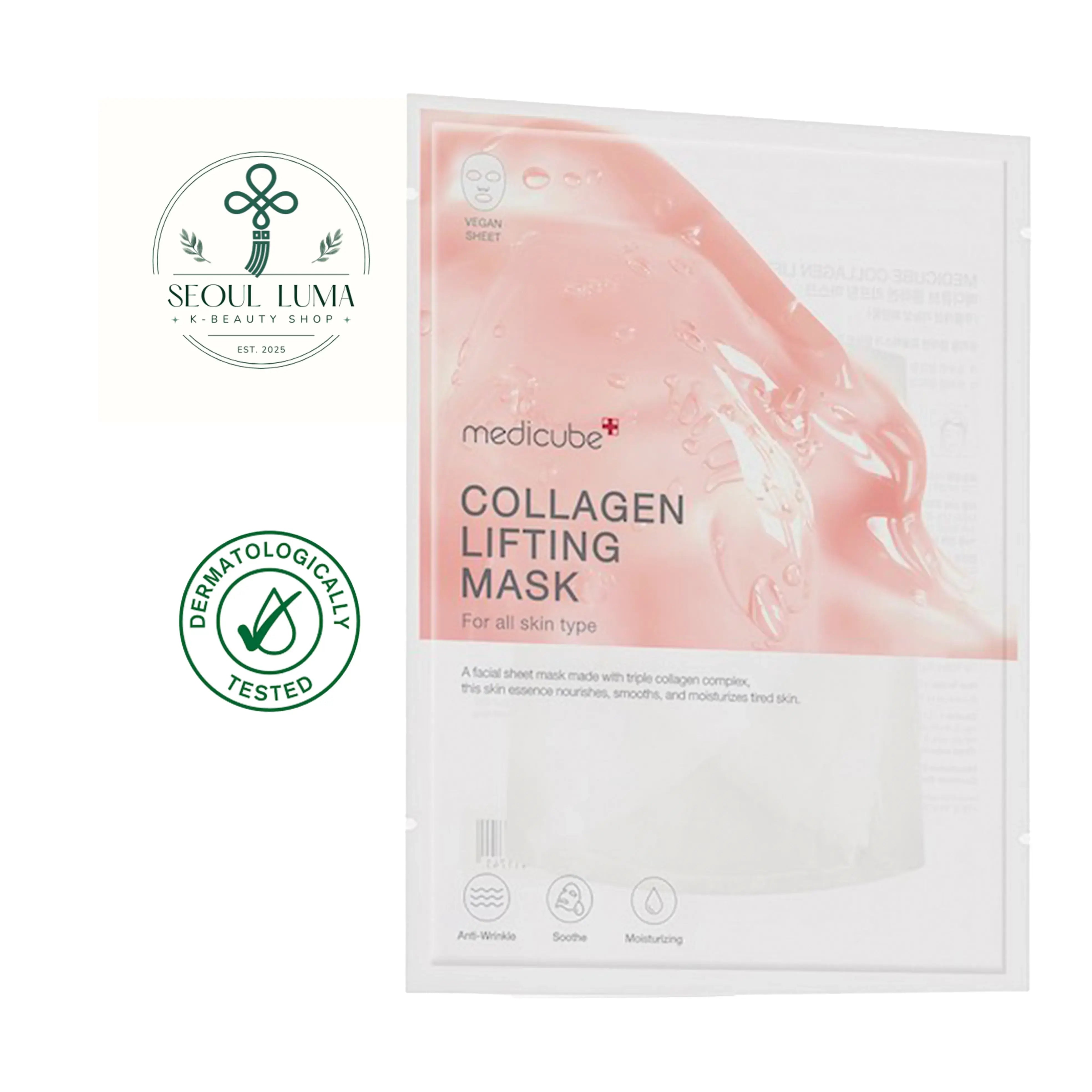 MEDICUBE Collagen Lifting Mask - sheet mask with Triple Collagen Complex including hydrolyzed collagen, soluble collagen, and atelocollagen for lifting and firming