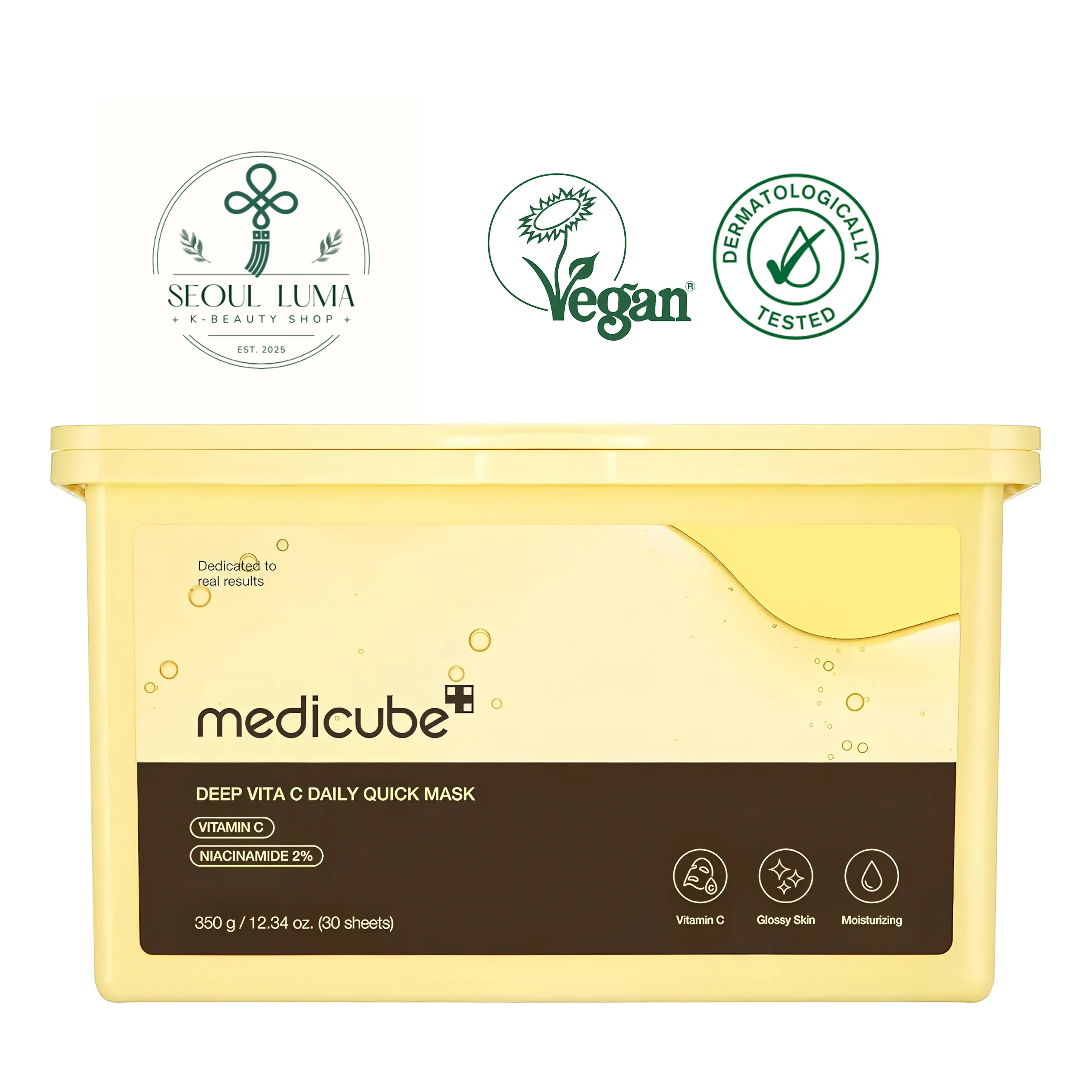 MEDICUBE Deep Vita-C Daily Quick Mask - 30 cellulose sheet masks with 2% pure vitamin C, niacinamide, and retinol for daily brightening