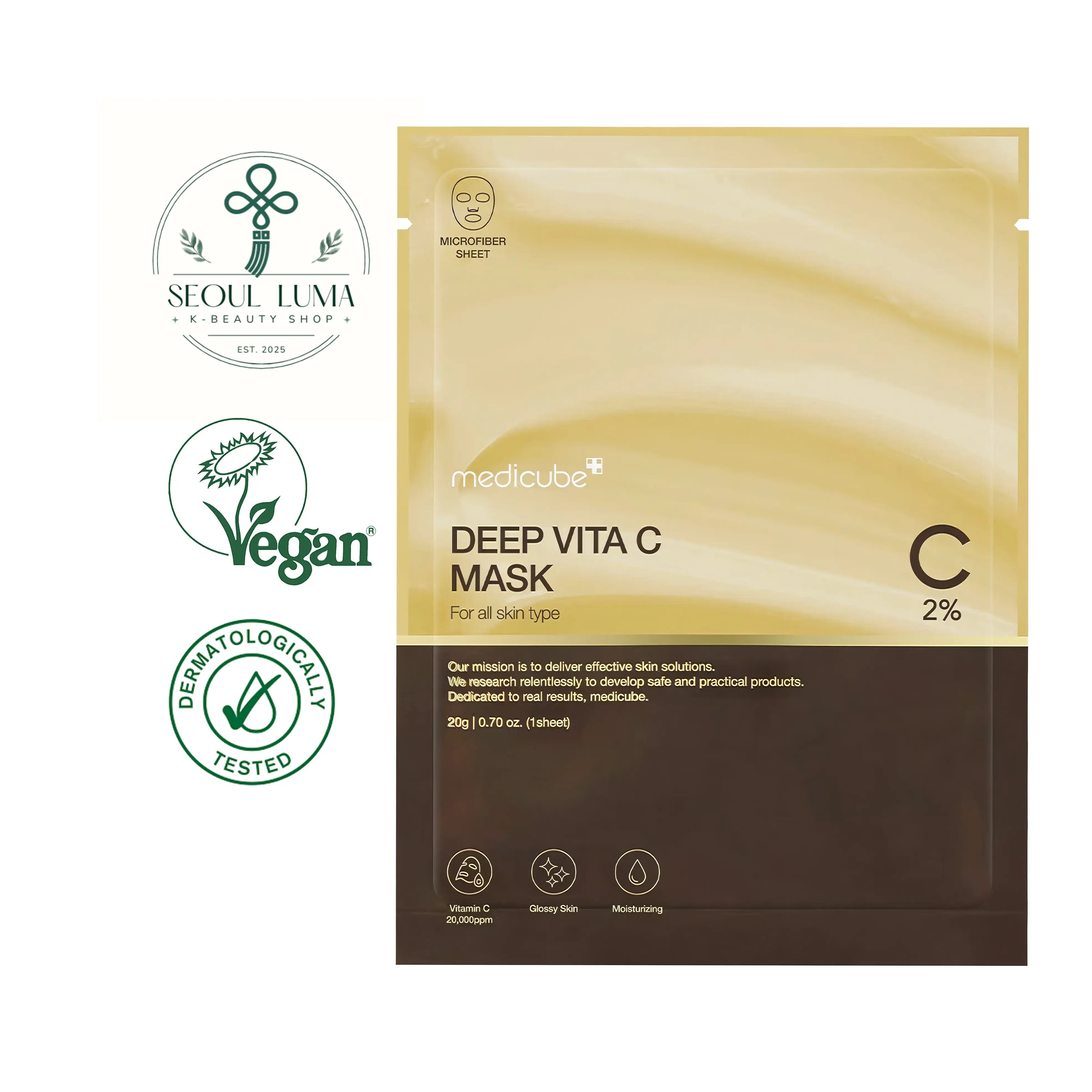 MEDICUBE Deep Vita-C Mask - 6 brightening sheet masks with pure vitamin C, niacinamide, and glutathione for radiant skin