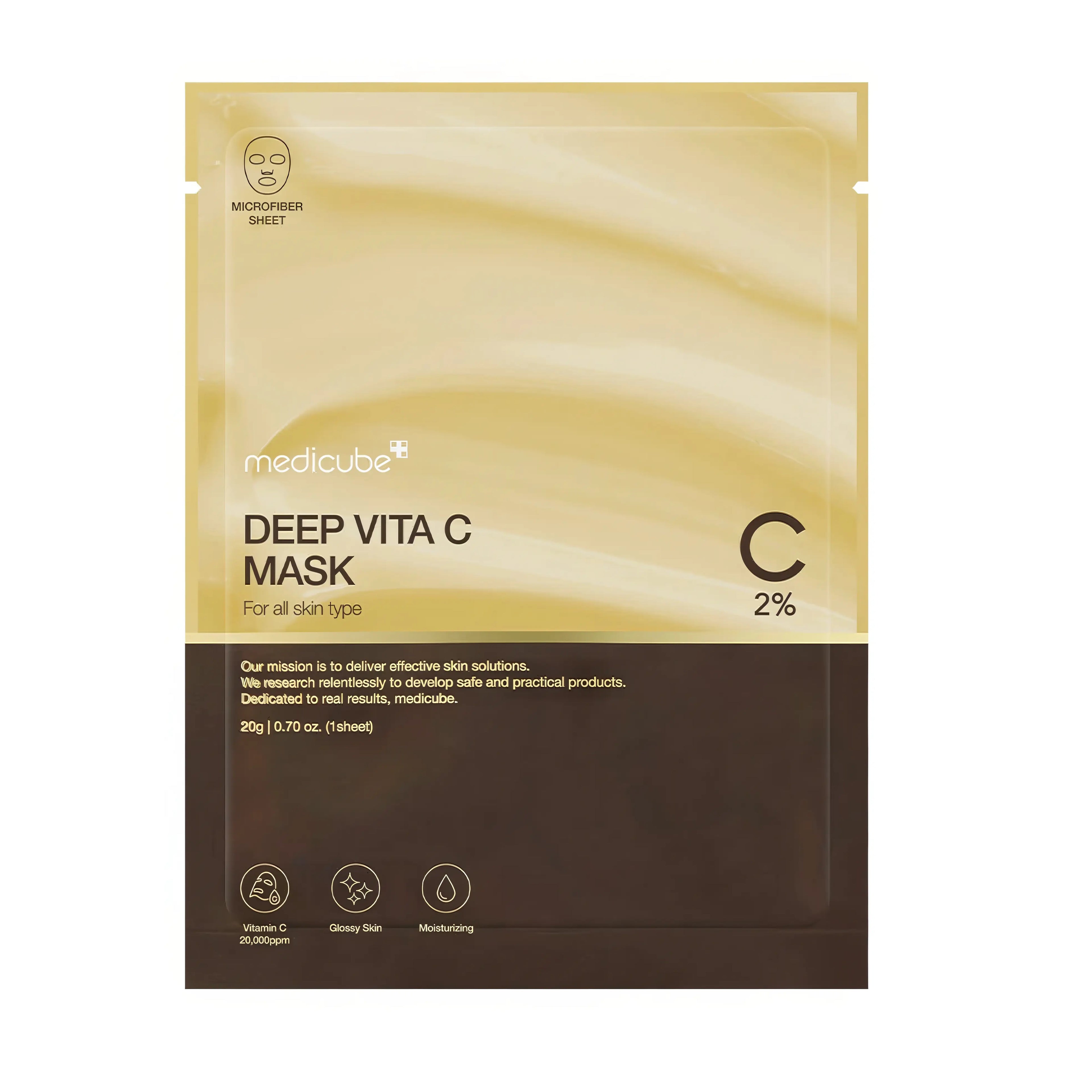 Medicube Deep Vita-C Mask (6 Sheets), potent brightening sheet mask for dull, uneven tone, and aging skin, enriched with pure ascorbic acid (2%), vitamins C/E/Q/P, glutathione, alpha-arbutin, niacinamide, and hyaluronic acid to fade dark spots, even skin tone, provide antioxidant protection, boost collagen, and deeply hydrate for luminous, radiant complexion.
