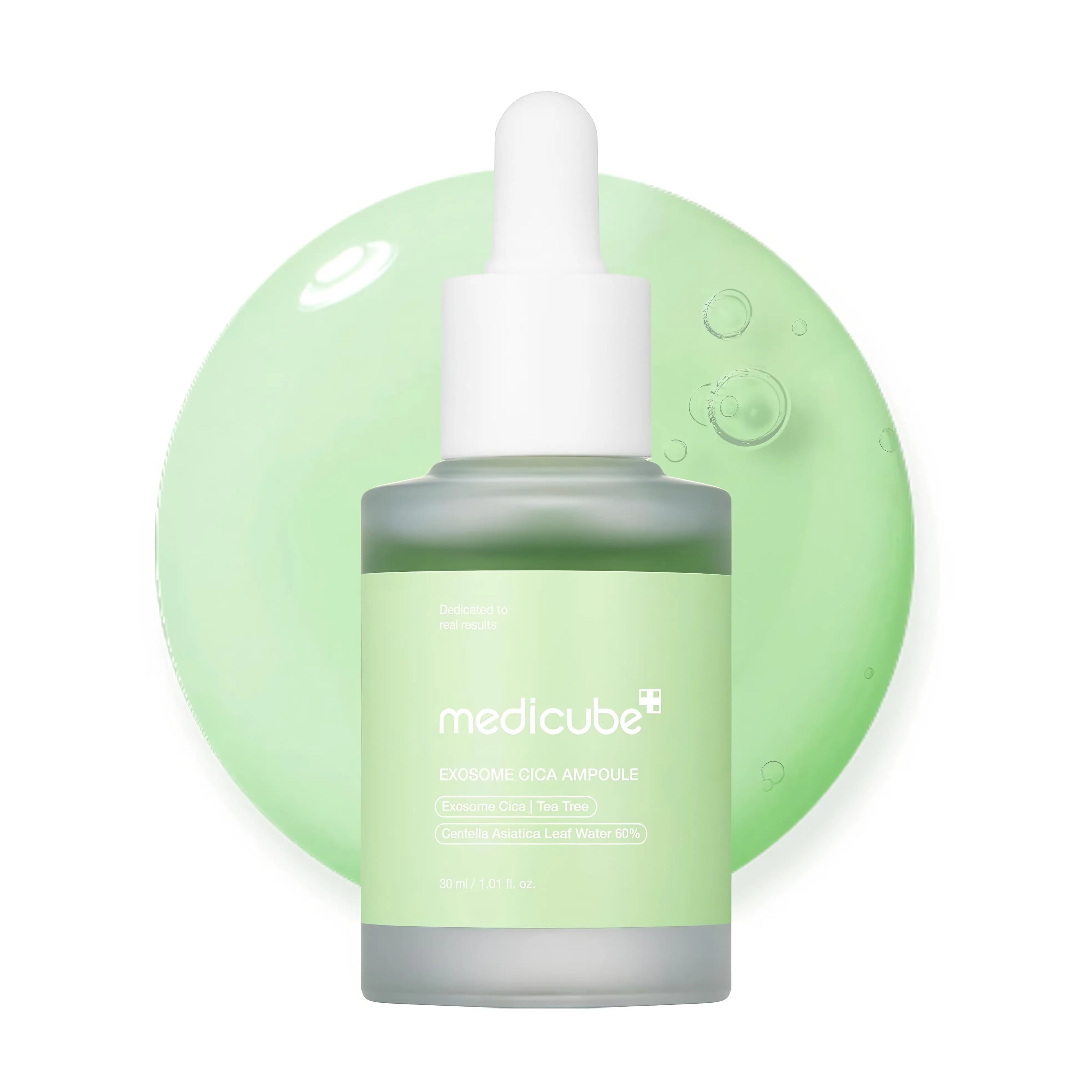 Medicube Exosome Cica Ampoule (30ml), soothing ampoule for sensitive, irritated, acne-prone skin with exosome cica, niacinamide, hyaluronic acid to calm redness, strengthen barrier, hydrate, brighten, and smooth texture.
