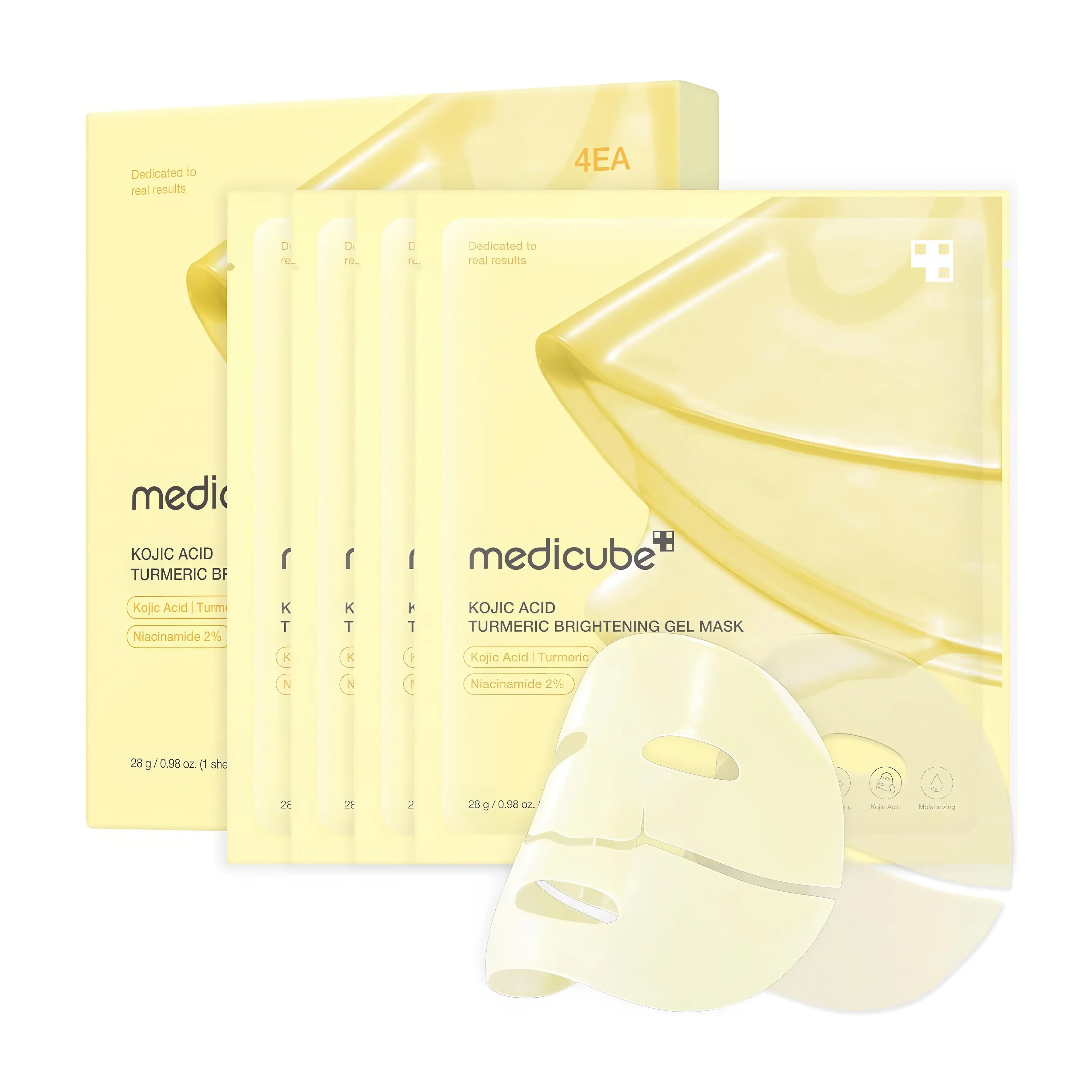 Medicube Kojic Acid Turmeric Brightening Gold Jelly Gel Mask (4 Sheets), innovative color-changing overnight gel mask for all skin types including dull, hyperpigmented, and sensitive skin, combines kojic acid, turmeric root extract, niacinamide, retinol, hydrolyzed collagen, and ceramide NP to fade dark spots, even skin tone, boost elasticity (+32.2%), reduce inflammation, and provide 24-hour hydration for radiant glass-skin glow.
