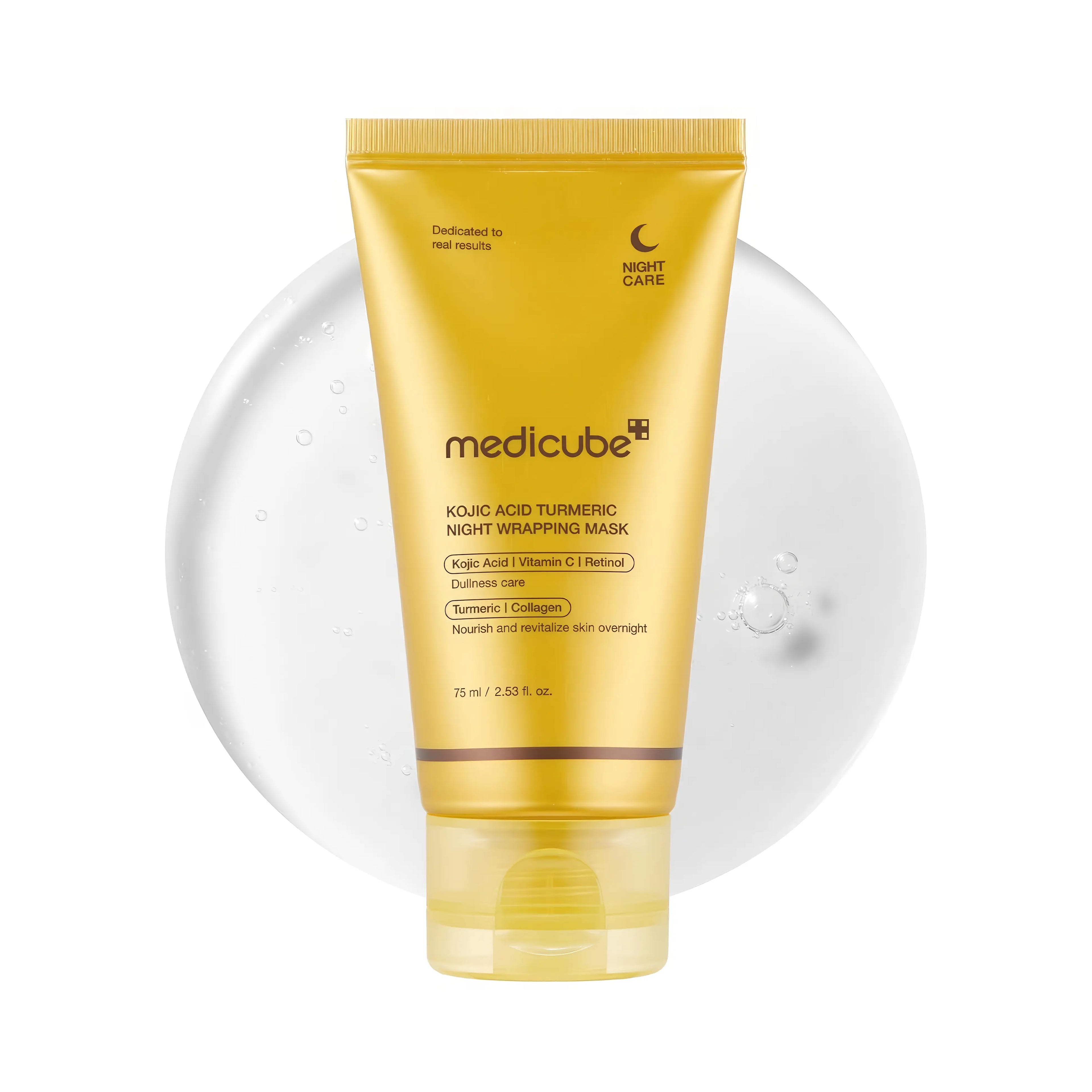 Medicube Kojic Acid Turmeric Night Wrapping Mask (75ml), overnight peel-off gel mask for dull, hyperpigmented, and uneven tone skin, combines kojic acid, turmeric root extract (5000ppm), niacinamide, retinol, hydrolyzed collagen, and hyaluronic acid to fade dark spots (24.7% improvement in 3 days), boost hydration (+66.8%), enhance elasticity, and even skin tone while providing cooling soothing effect for radiant glass-skin glow upon waking.
