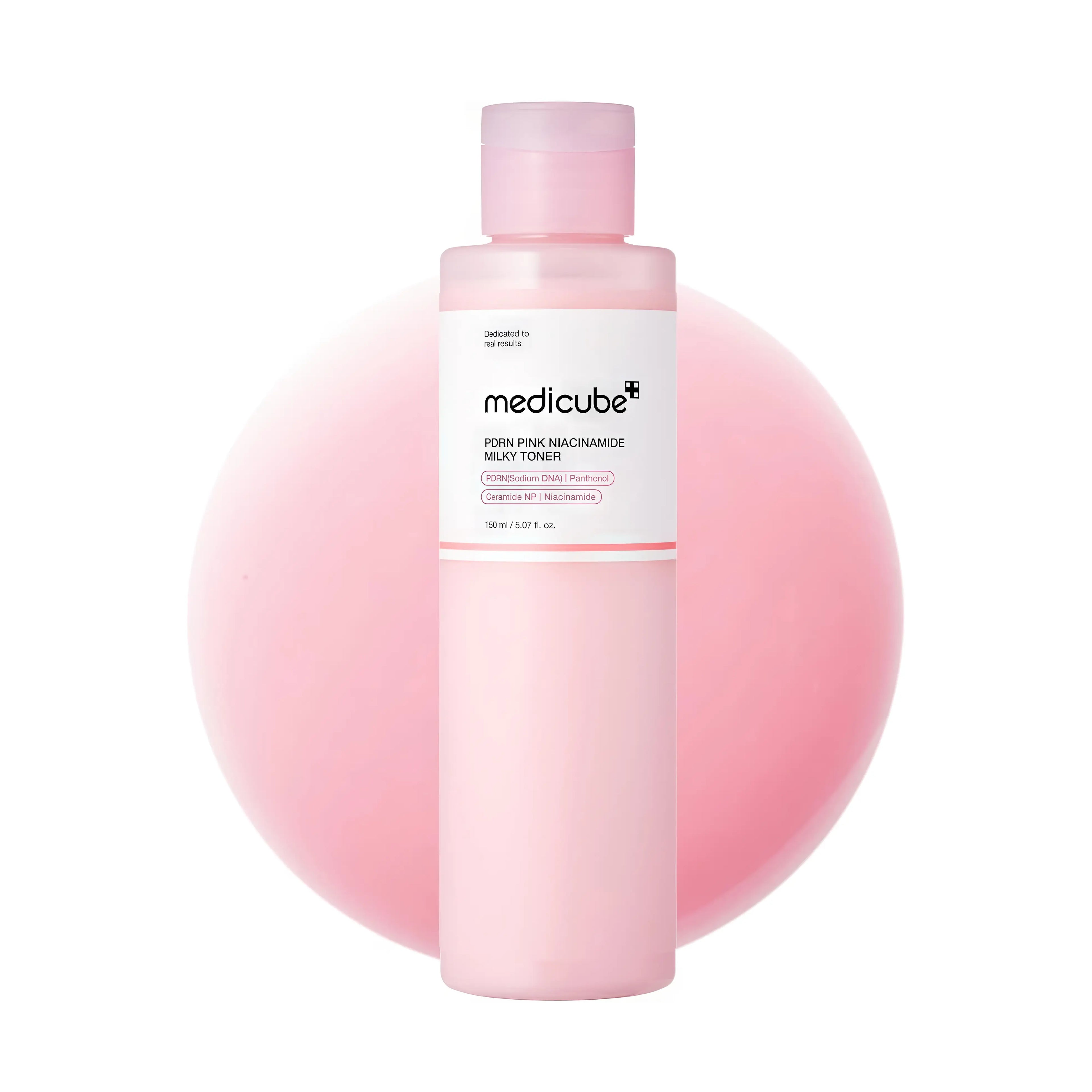 Medicube PDRN Milky Toner Essence (150ml), lightweight milky toner-essence for sensitive, dehydrated, and acne-prone skin, enriched with salmon DNA PDRN, 5% niacinamide, 4 ceramides, 4 peptides, and multi-hyaluronic acid to deeply hydrate all skin layers, brighten uneven tone, strengthen barrier function, soothe irritation, and boost elasticity for plump, radiant pink glass-skin glow.
