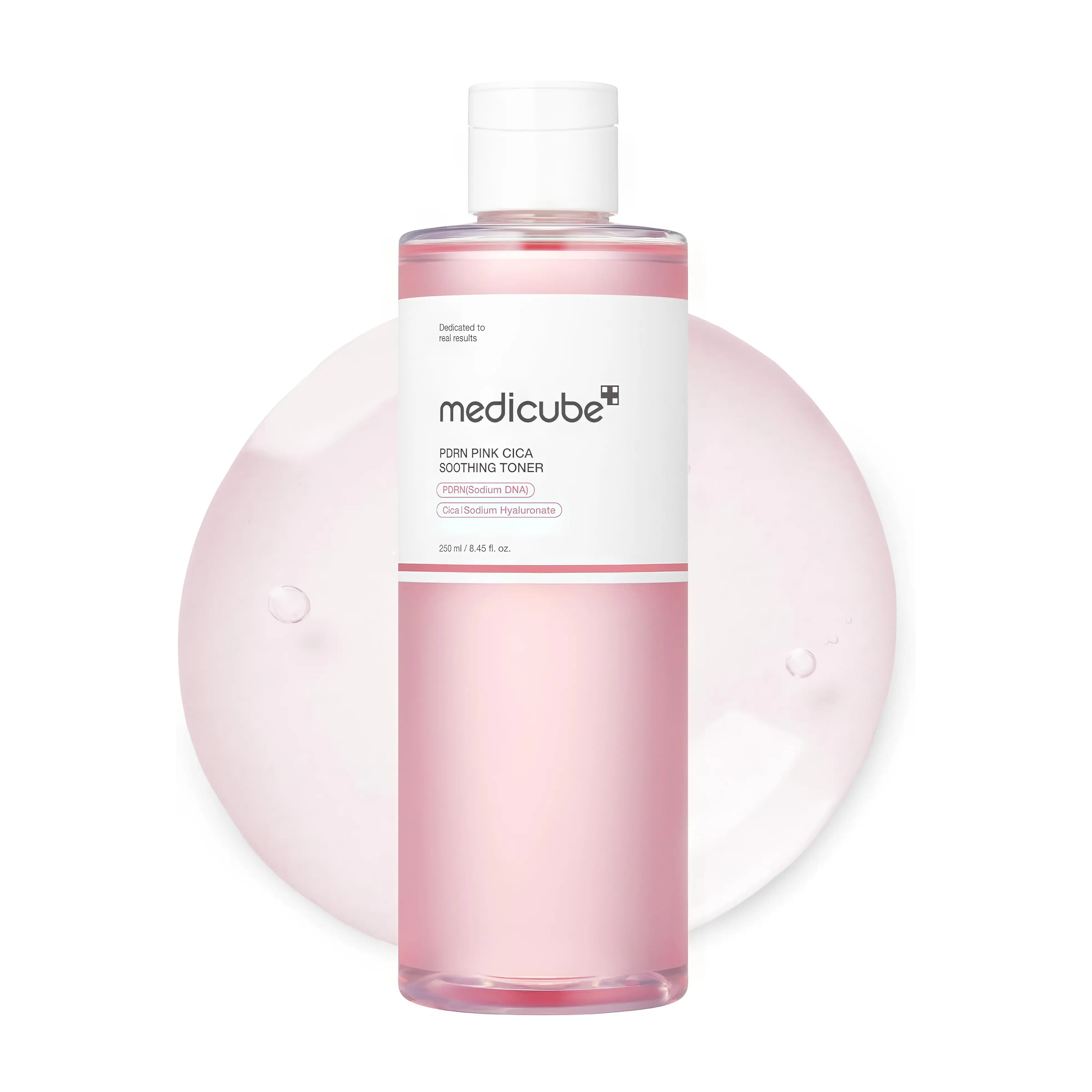 Medicube PDRN Pink Cica Soothing Toner (250ml), restorative facial toner for sensitive, acne-prone, and dull skin, formulated with Salmon DNA PDRN and Cica to calm redness, repair the skin barrier, and improve elasticity for a radiant and even-toned complexion.
