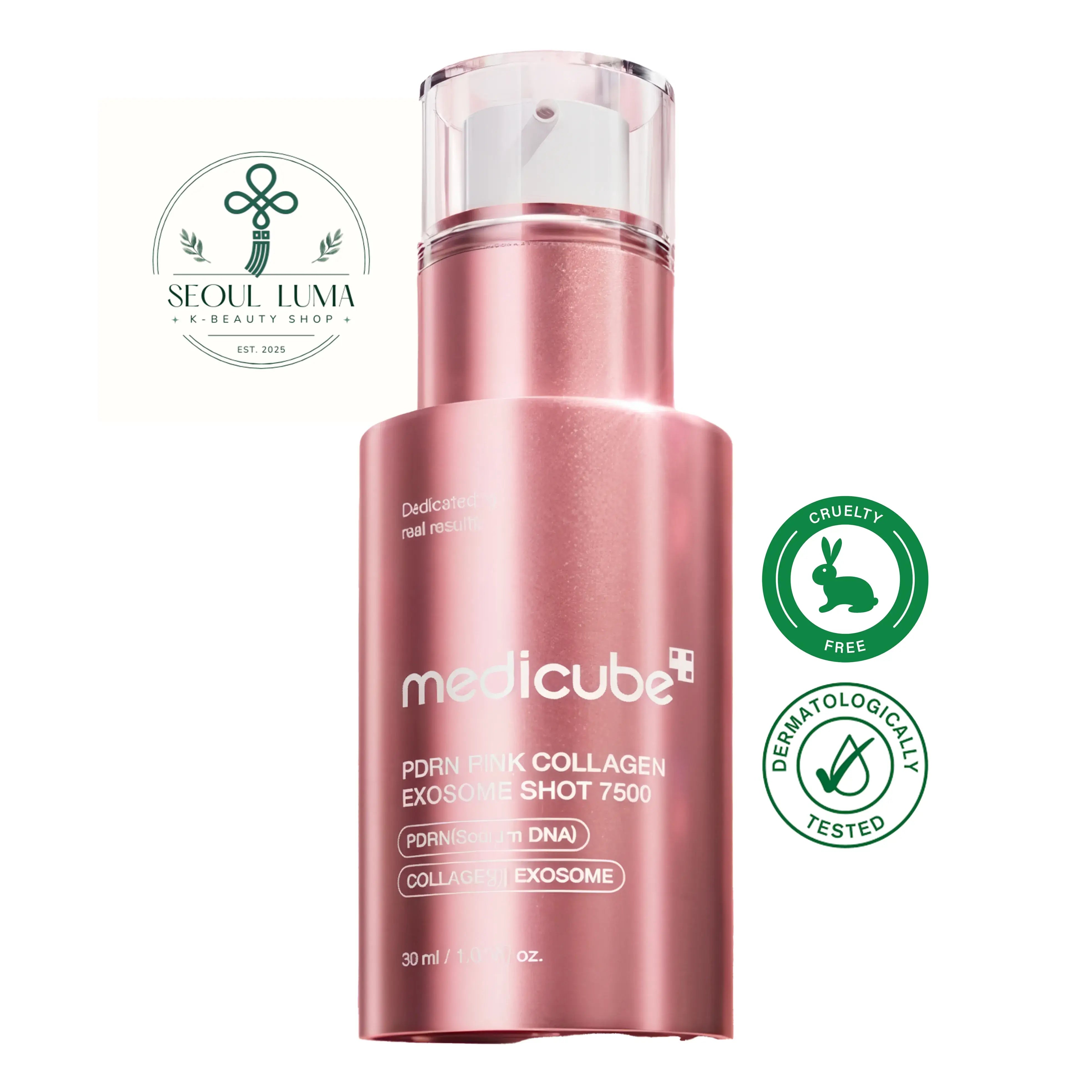 MEDICUBE PDRN Pink Collagen Exosome Shot Serum 7500 with 7,500ppm exosomes, spicules, salmon PDRN, and collagen for intensive pore care