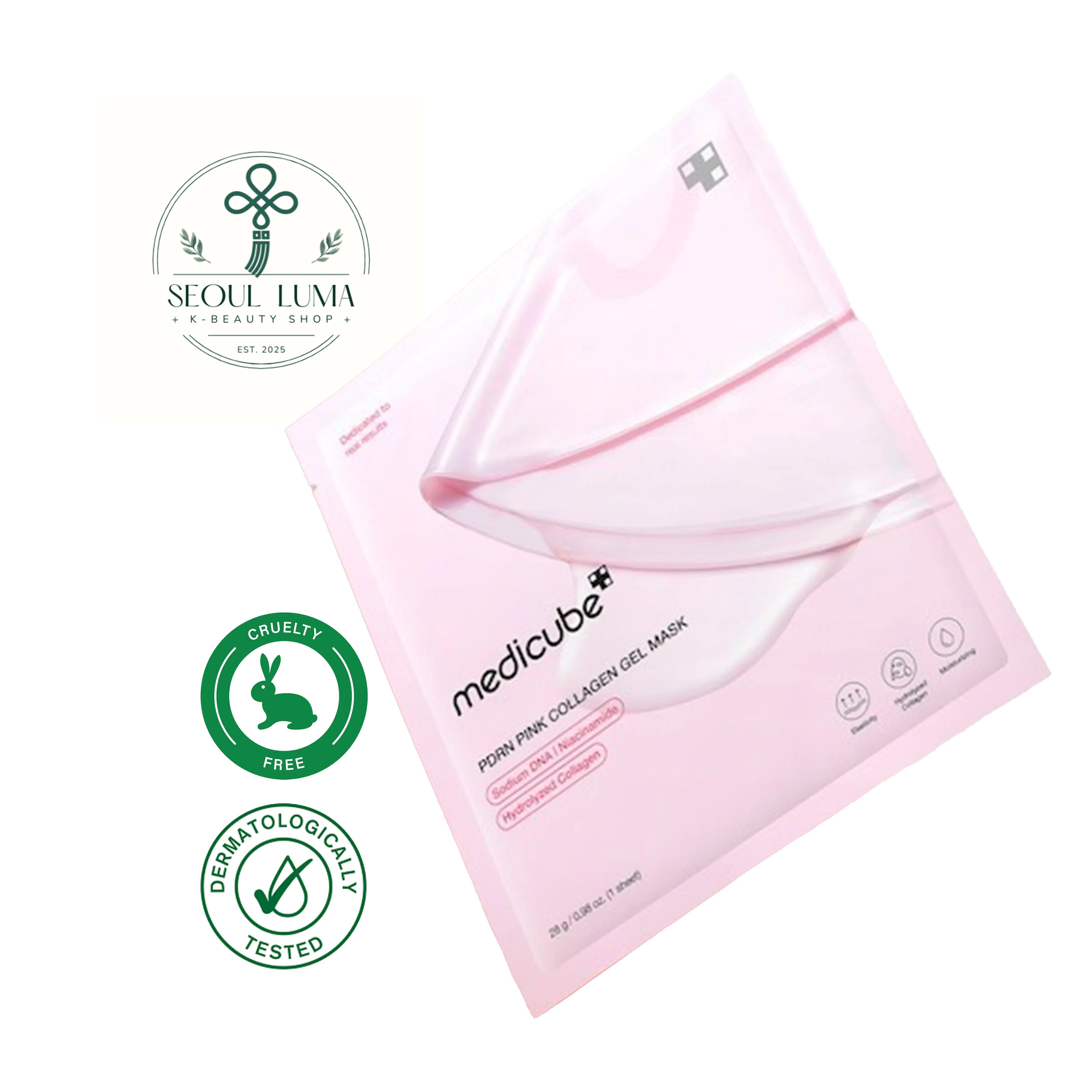 MEDICUBE PDRN Pink Collagen Gel Mask with innovative color-changing technology, salmon PDRN, and collagen for elasticity and hydration