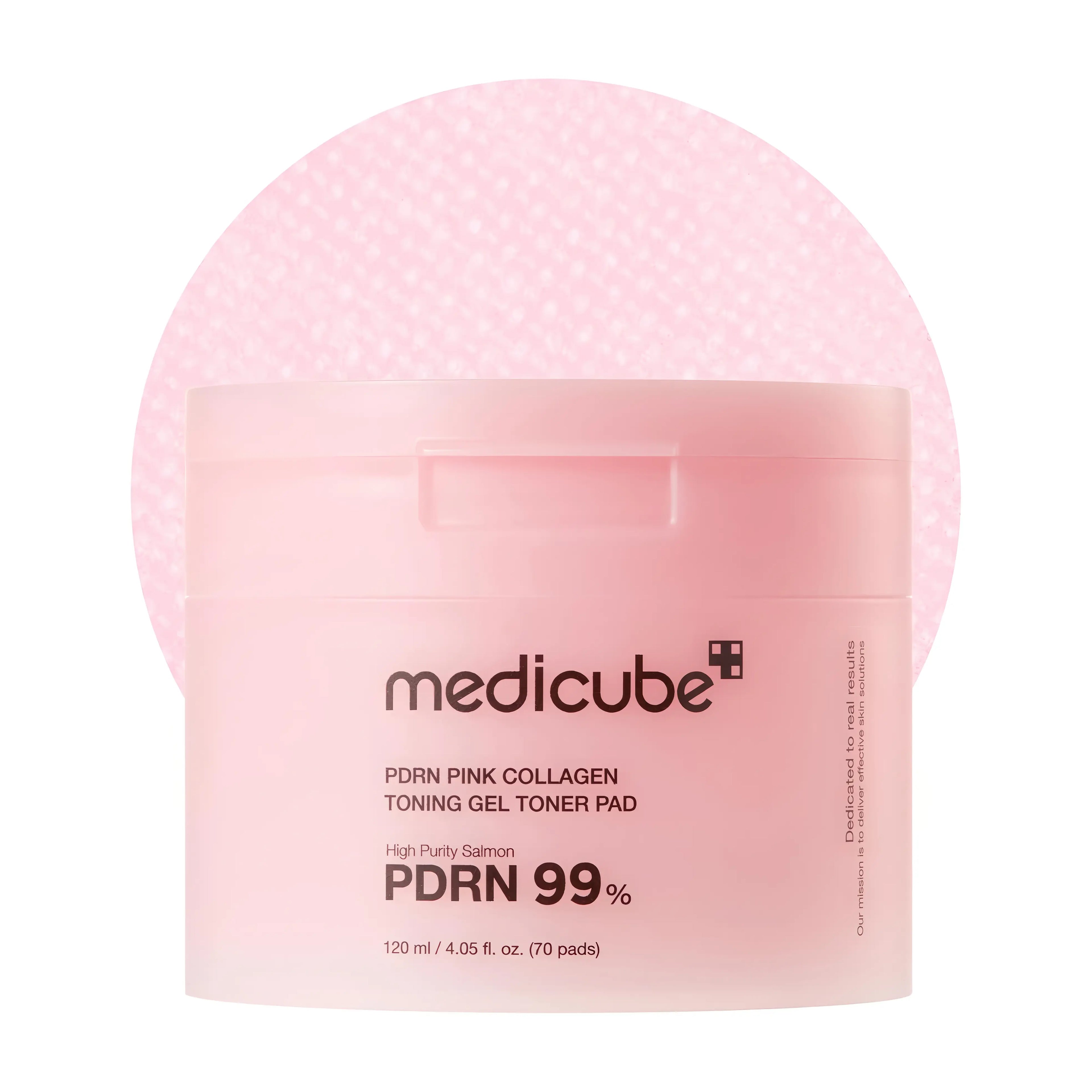 Medicube PDRN Pink Collagen Toning Gel Toner Pad (70 Pads), gentle gel toner pads for sensitive, uneven tone, and dehydrated skin, features 99% pure salmon DNA PDRN, collagen, niacinamide and madecassoside to enhance elasticity, brighten complexion, soothe irritation, and improve texture for plump, radiant glass skin.
