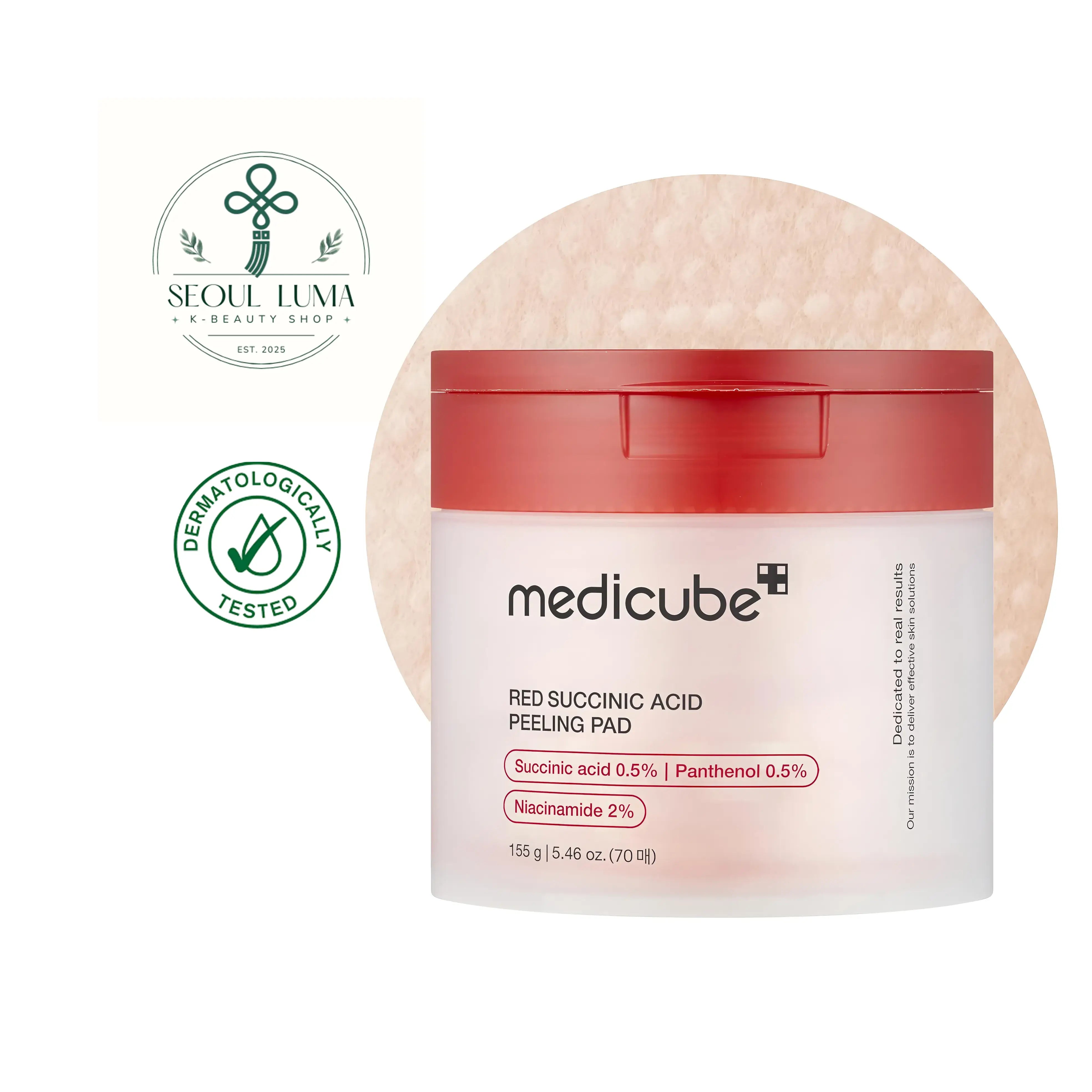 MEDICUBE Red Succinic Acid Pad - gentle dual-textured toner pads with succinic acid, niacinamide, and salicylic acid for acne-prone sensitive skin