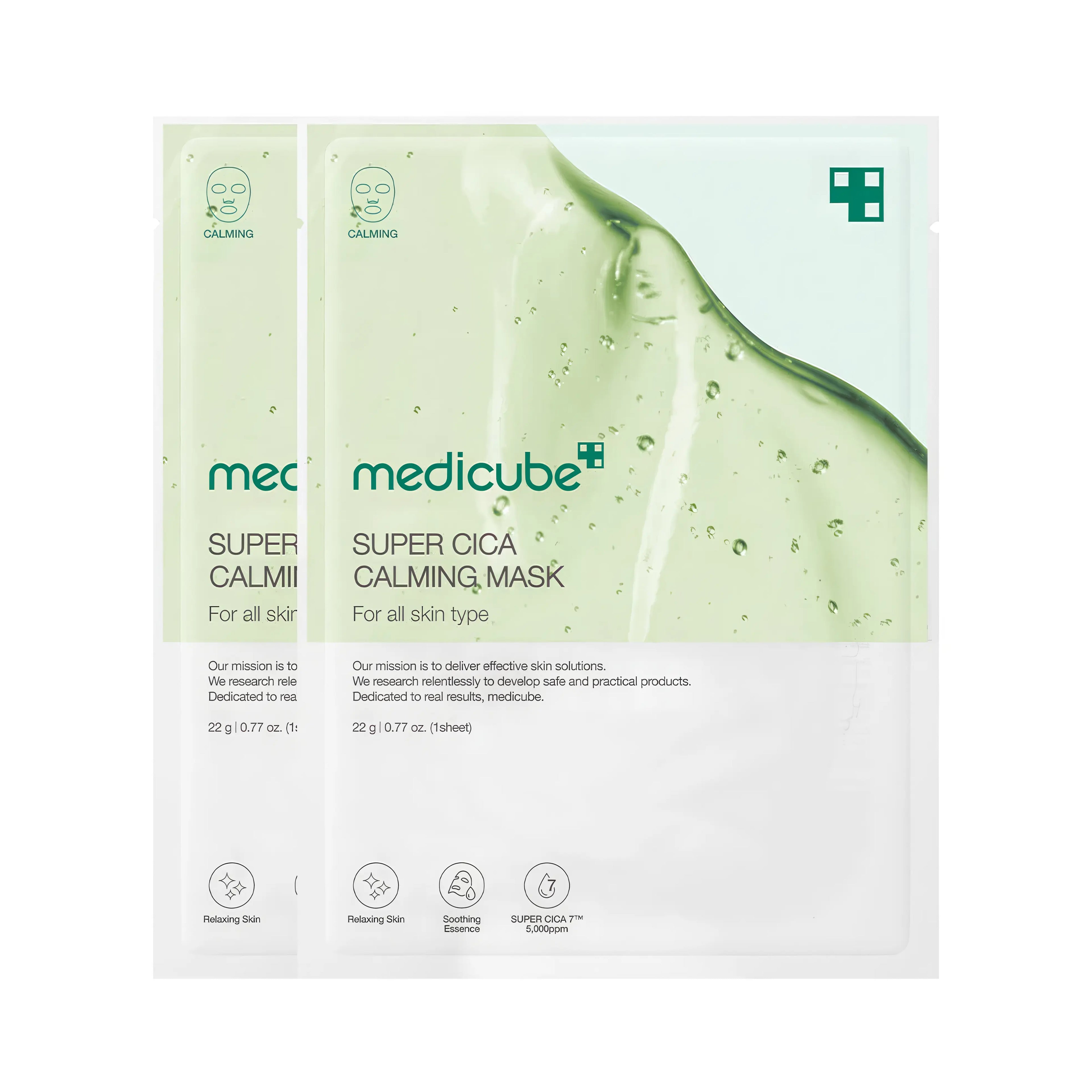 Medicube Super Cica Calming Mask (5 Sheets), intensive soothing sheet mask for sensitive, irritated, and acne-prone skin, contains 7 active cica ingredients including asiaticoside, madecassoside, centella extracts plus tea tree to rapidly calm redness, repair skin barrier, reduce breakouts, and deeply hydrate for a smooth, resilient complexion.
