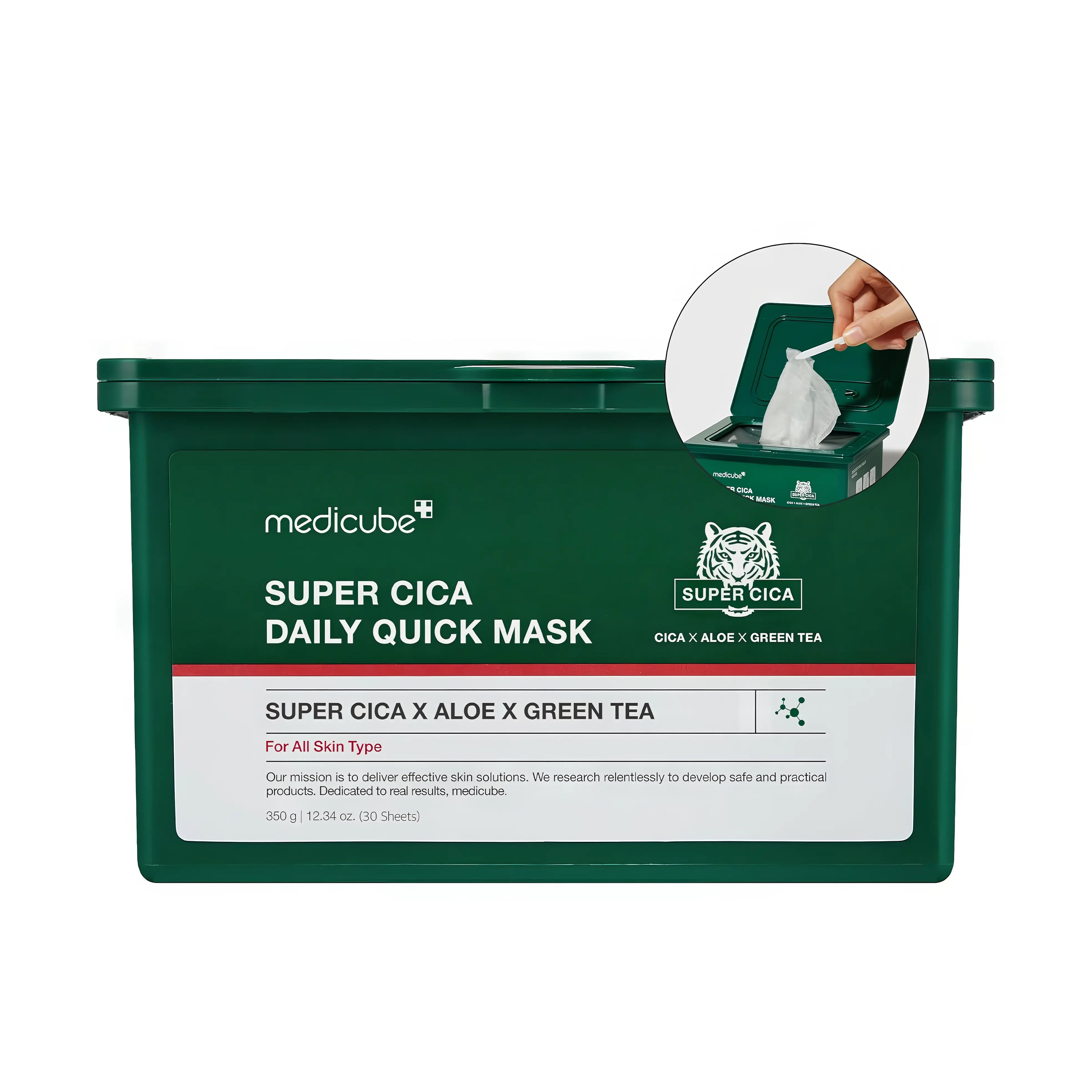 Medicube Super Cica Daily Quick Mask (30 Sheets), convenient daily sheet mask for sensitive, irritated, and dehydrated skin, formulated with super cica complex, centella asiatica, and tea tree extracts to instantly soothe redness, strengthen skin barrier, provide lightweight hydration, and calm inflammation for a refreshed, balanced complexion.
