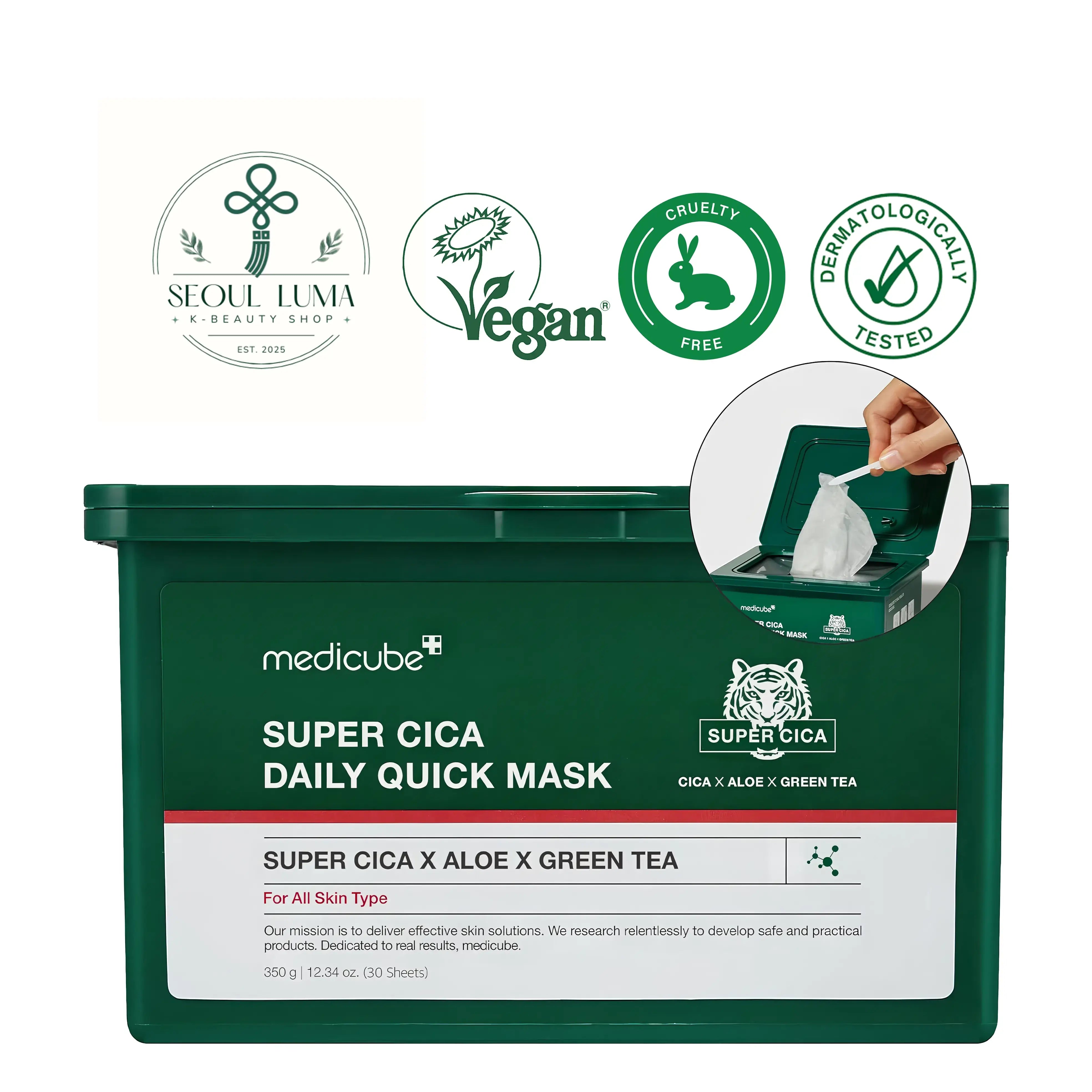 MEDICUBE Super Cica Daily Quick Mask - 30 biodegradable sheet masks with 88% cica complex and Super Cica 7 for instant soothing and hydration