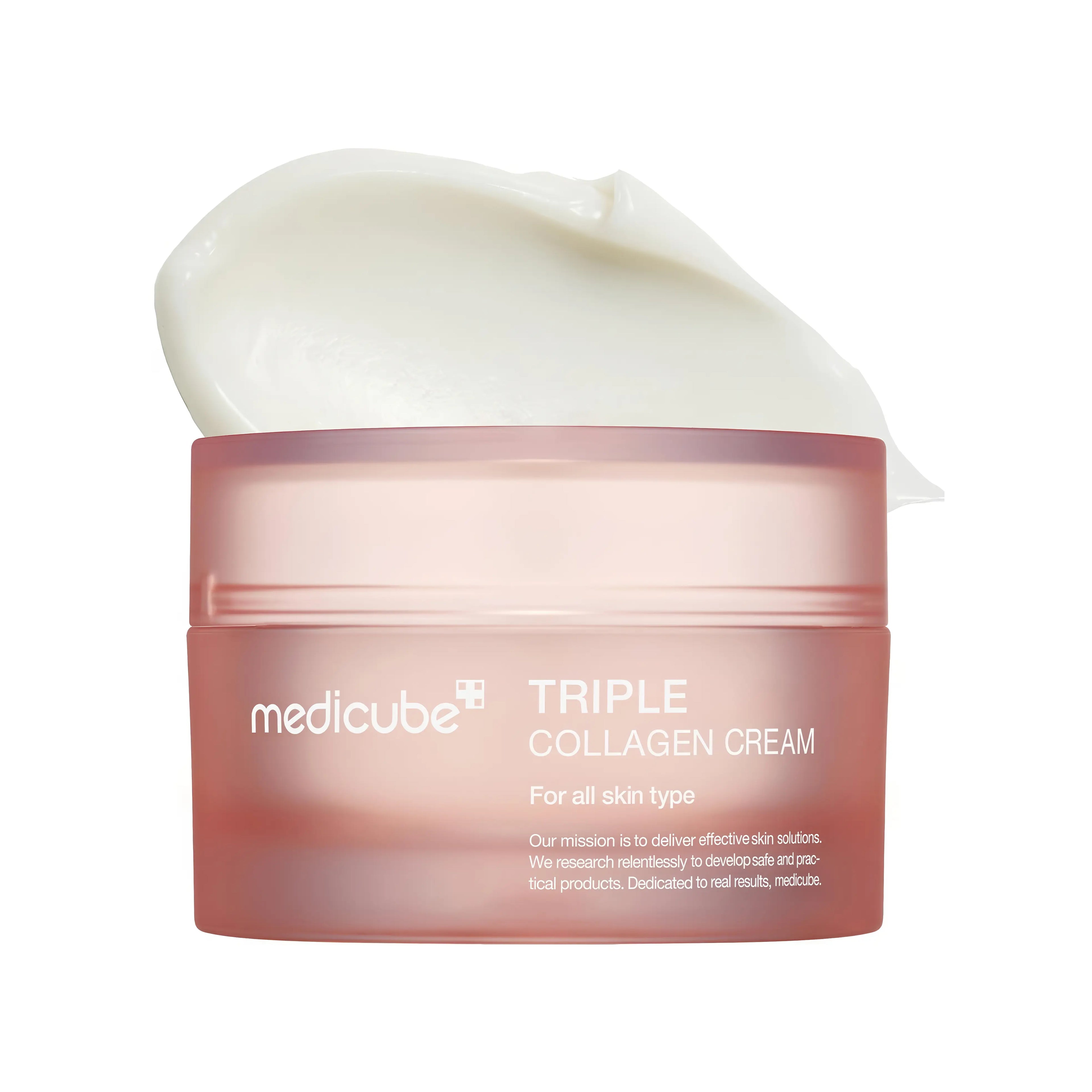 Medicube Triple Collagen Cream 4.0 (50ml), luxurious anti-aging moisturizer for dry, mature, and dehydrated skin, features triple collagen complex, French premium elastin, niacinamide, hyaluronic acid, and olive leaf extract to boost elasticity, deeply hydrate, smooth wrinkles, refine pores, brighten tone, and strengthen skin barrier for plump, youthful glass-skin radiance.
