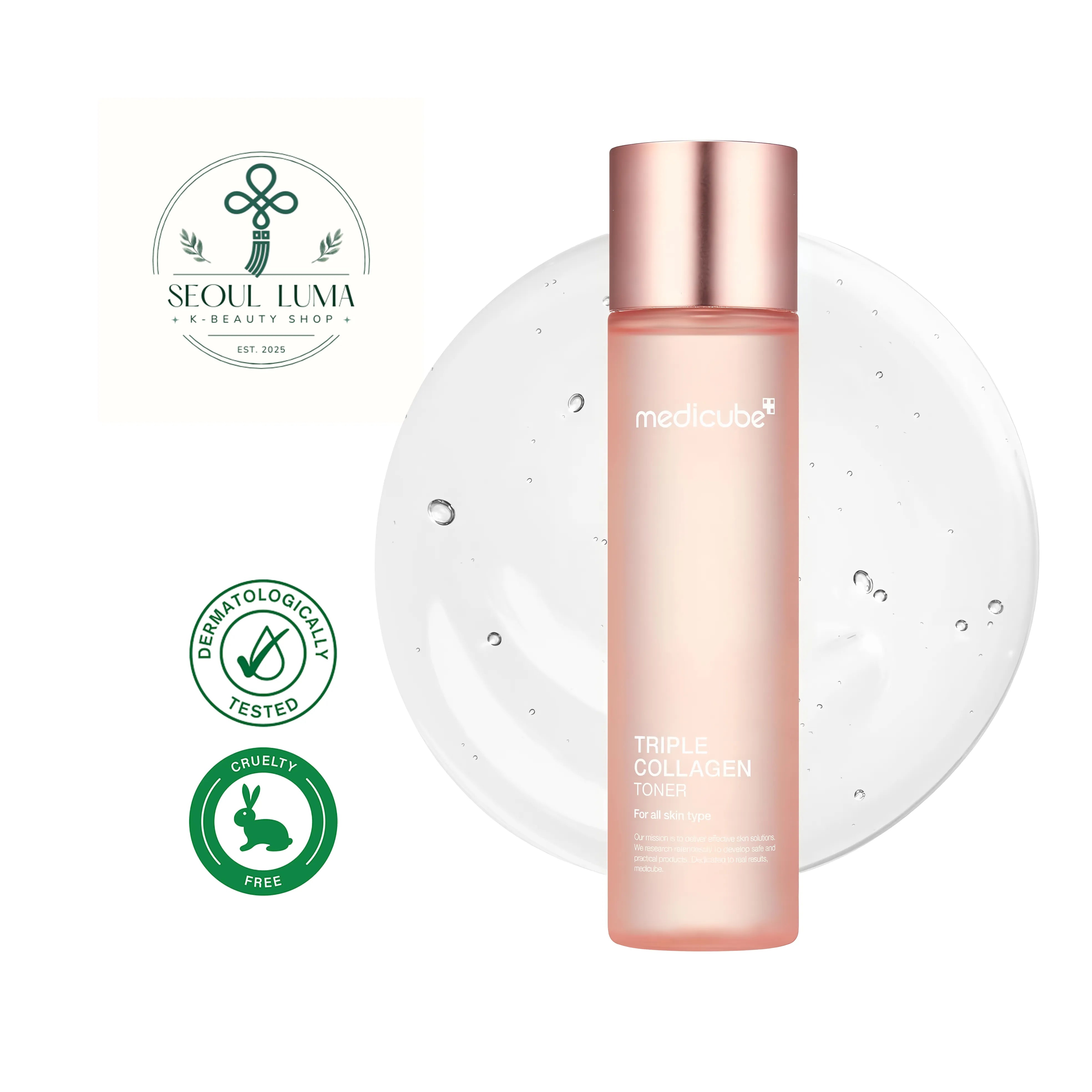 MEDICUBE Triple Collagen Toner with hydrolyzed collagen, atelocollagen, and niacinamide for glass skin glow and elasticity enhancement