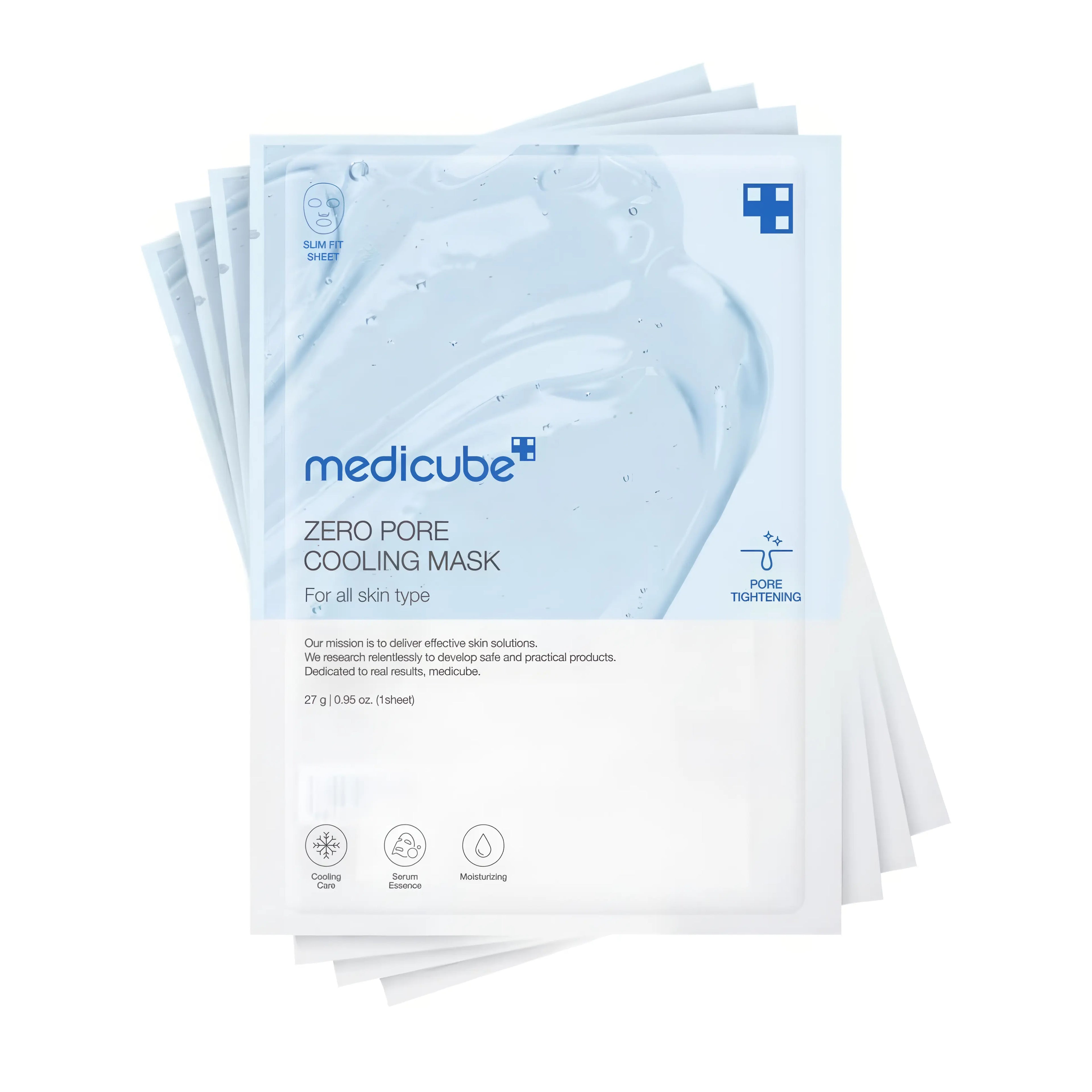 Medicube Zero Pore Cooling Mask (5 Sheets), instant cooling sheet mask for oily, acne-prone, and enlarged pore skin, contains niacinamide, adenosine, camphor, and botanical extracts to tighten pores, reduce sebum, soothe inflammation, and provide refreshing hydration for a smooth, clear complexion.

