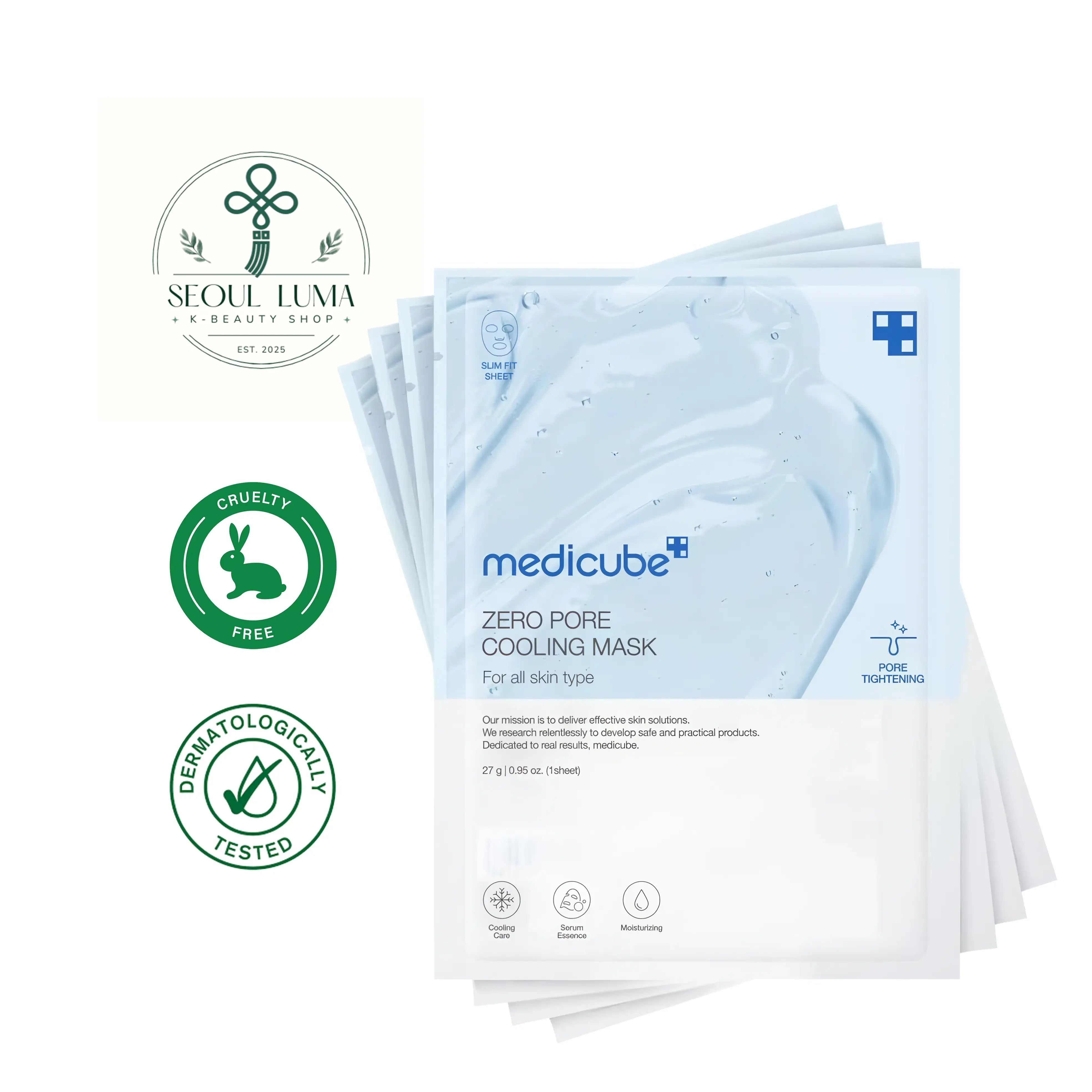 MEDICUBE Zero Pore Cooling Mask - 5 intensive cooling sheet masks with salicylic acid, niacinamide, and cooling agents for pore tightening and oil control
