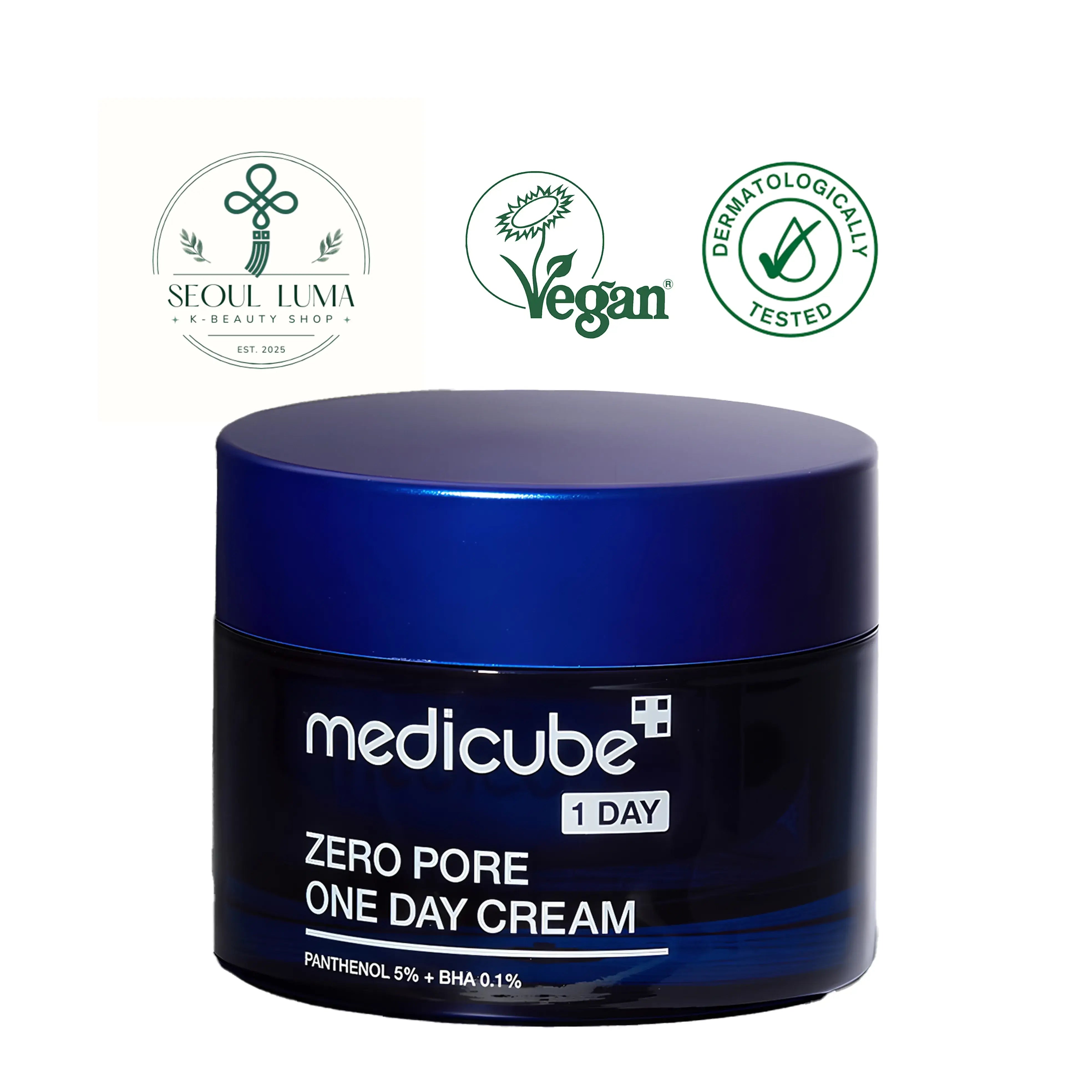 MEDICUBE Zero Pore One-Day Cream with 5% panthenol, 0.1% BHA, and niacinamide for instant pore minimization