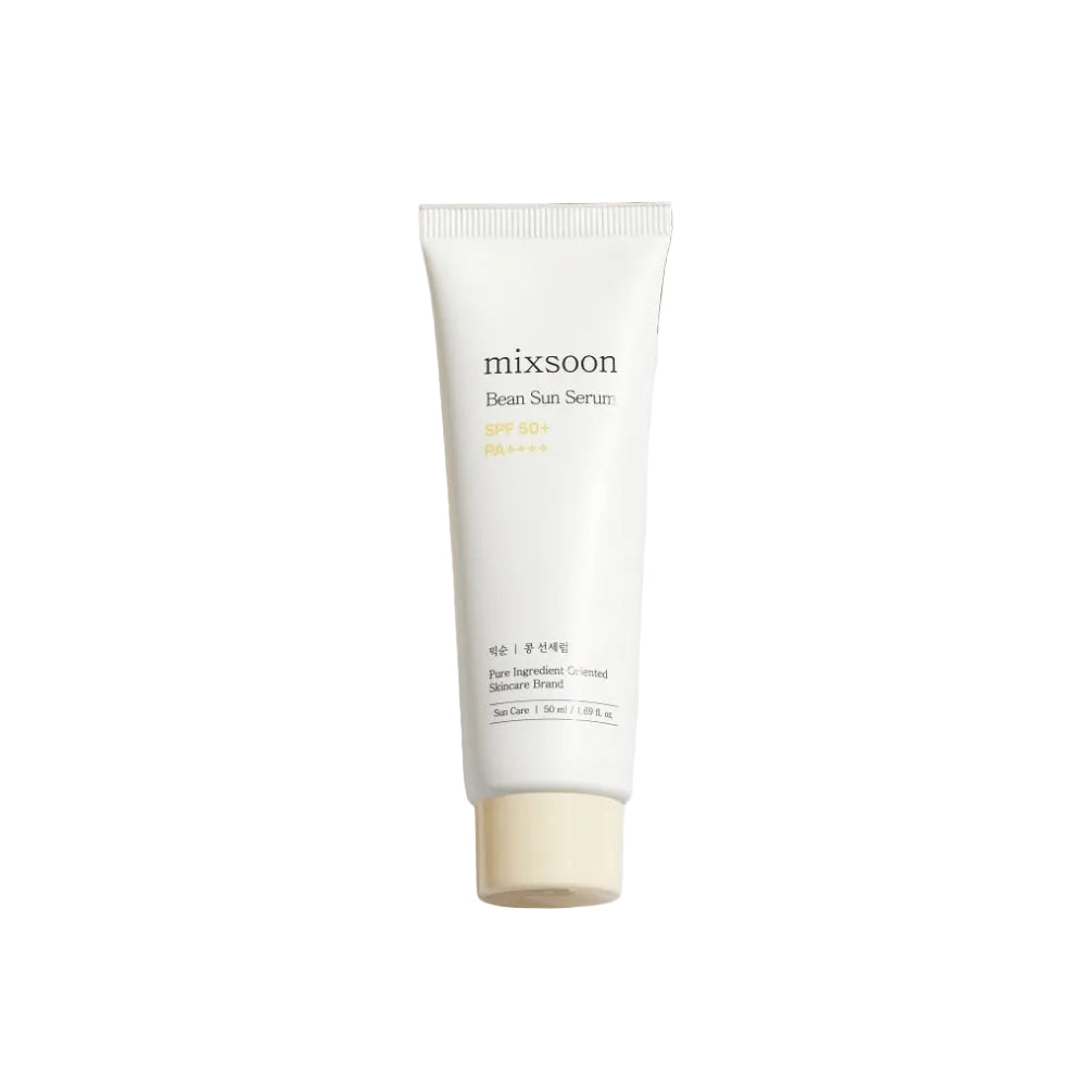 Mixsoon Bean Sun Serum 50ml showcasing the lightweight low-viscosity fluid texture absorbing completely with zero white cast for daily UV protection in Korean skincare.