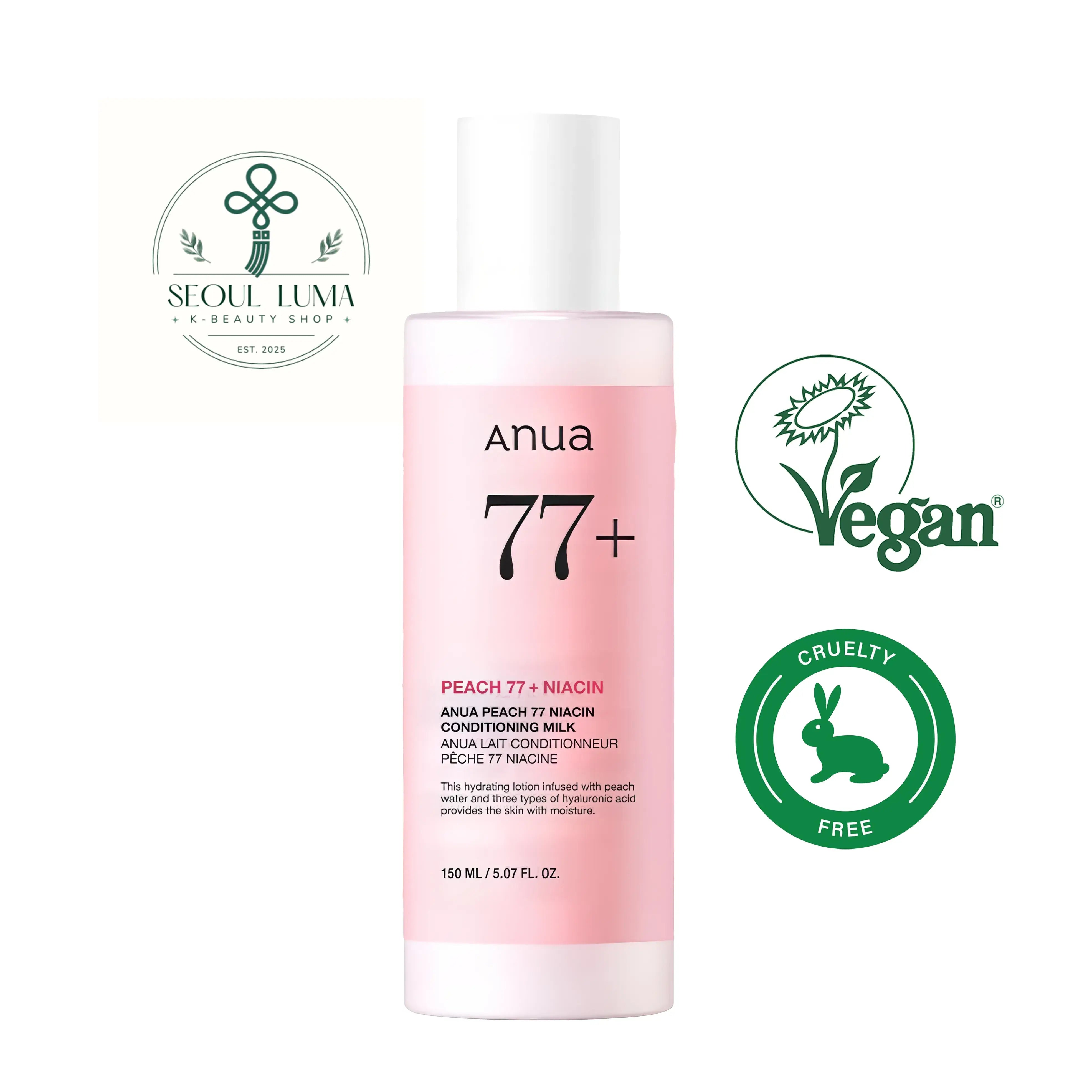 Anua Peach 77 Niacin Conditioning Milk with 77% peach extract, niacinamide, and ceramides for brightening and barrier repair