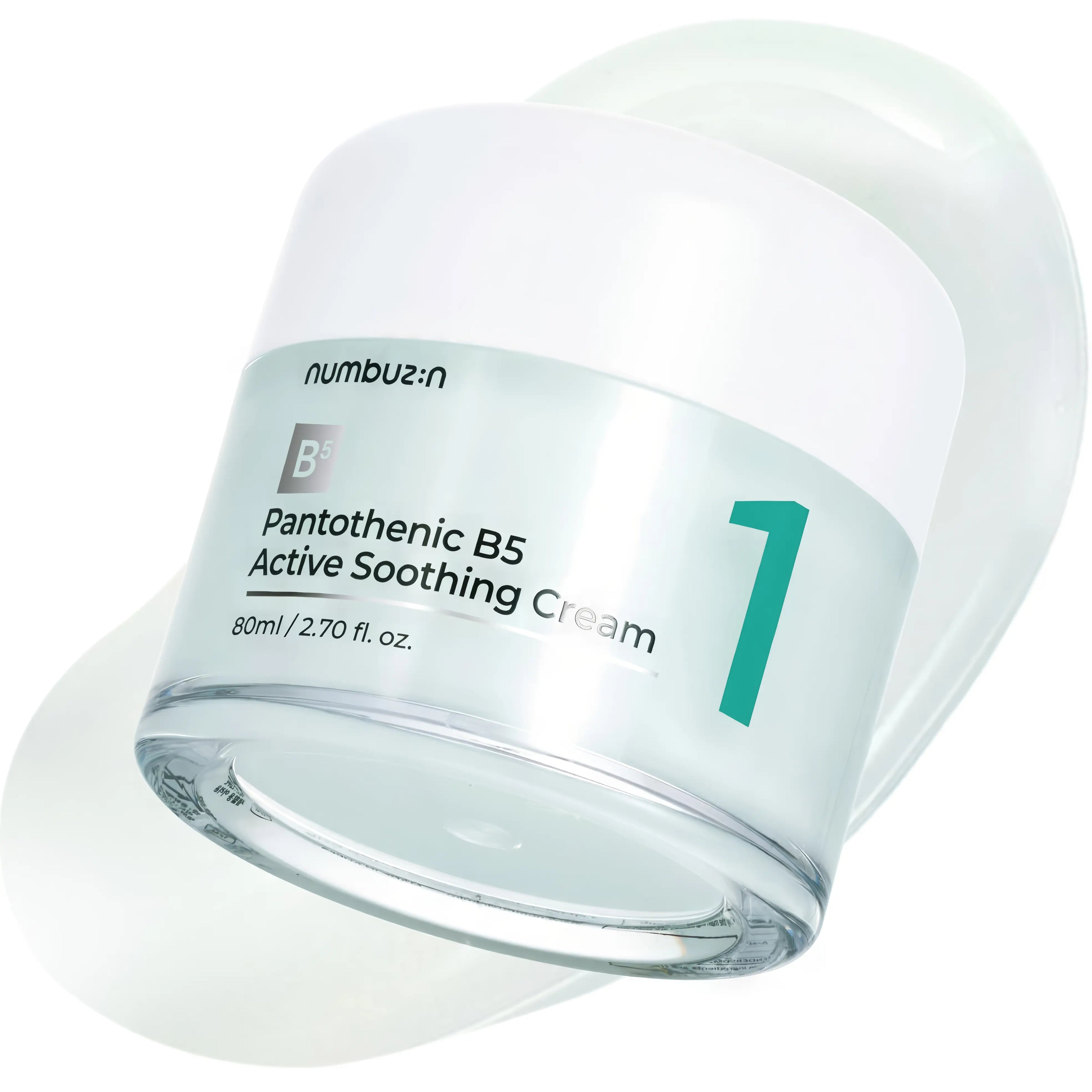 Numbuzin No.1 Pantothenic B5 Active Soothing Cream (80ml), lightweight gel cream for acne-prone, oily, sensitive skin with pantothenic acid, niacinamide, zinc PCA, centella asiatica, green tea extracts to control sebum, soothe irritation, brighten tone, hydrate 130 hours, and reduce breakouts.
