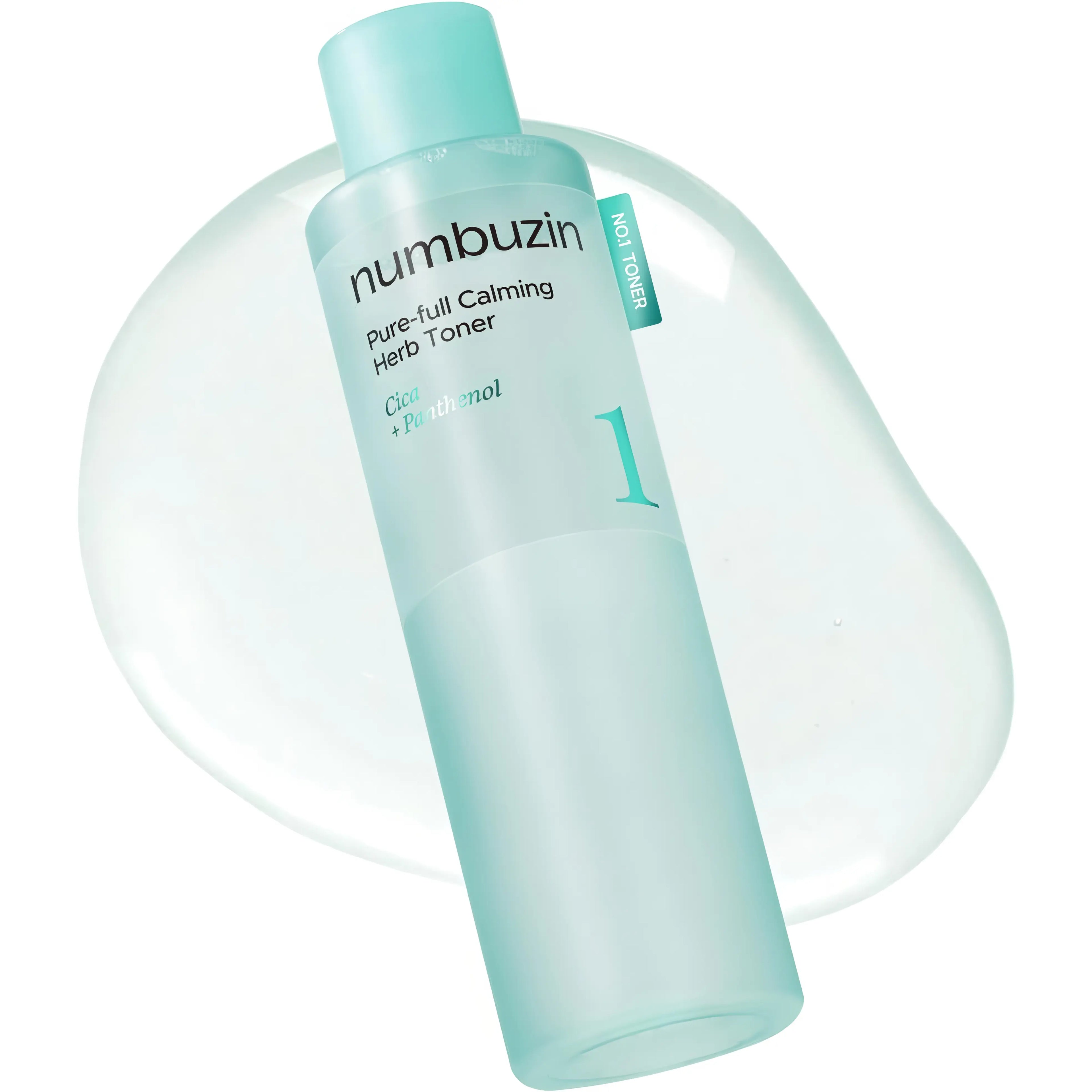Numbuzin No.1 Pure-full Calming Herb Toner (300ml), soothing toner for acne-prone, sensitive, oily skin with 93% herbal extracts (centella 39%, houttuynia 28%, licorice 26%), panthenol, allantoin to calm irritation, balance oil-water, reduce redness and bumps, purify, and hydrate gently.
