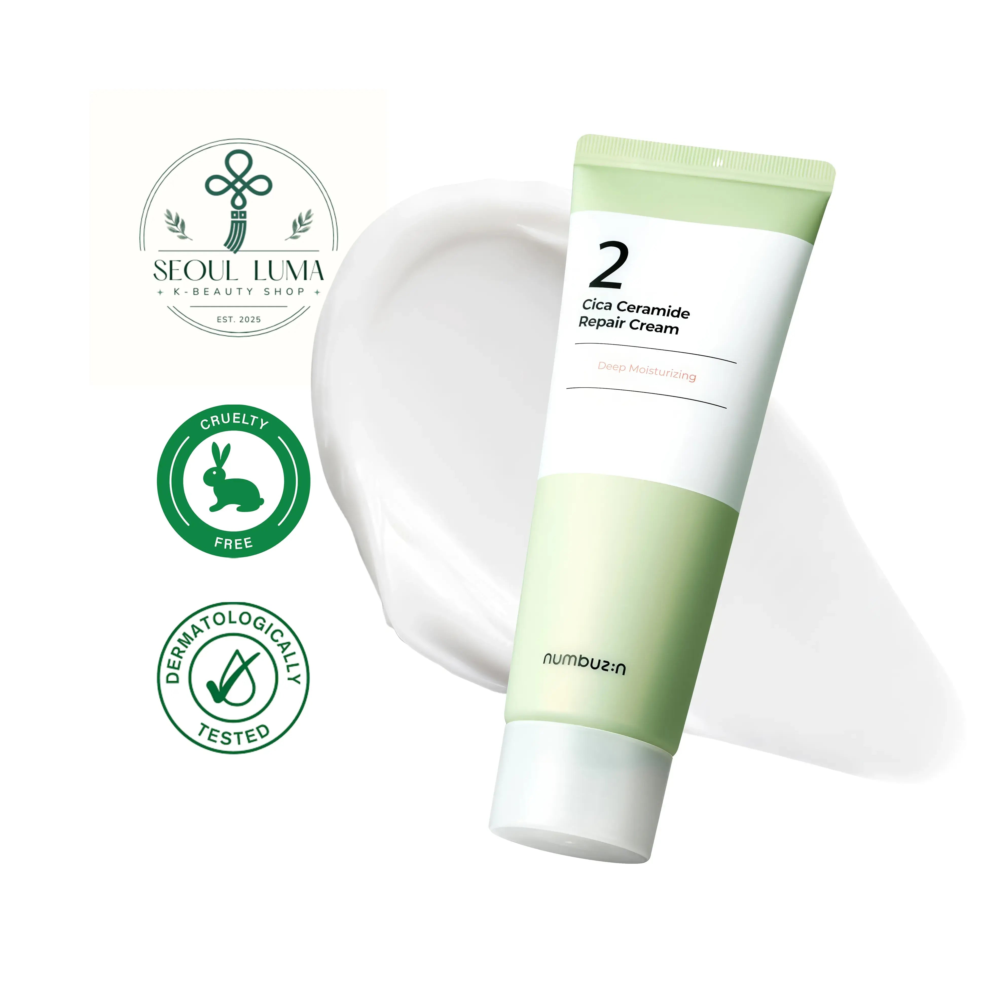 NUMBUZIN No.2 Cica Ceramide Repair Cream with 10,000ppm ceramides, centella asiatica extract, madecassoside, and shea butter for barrier repair and sensitive skin care