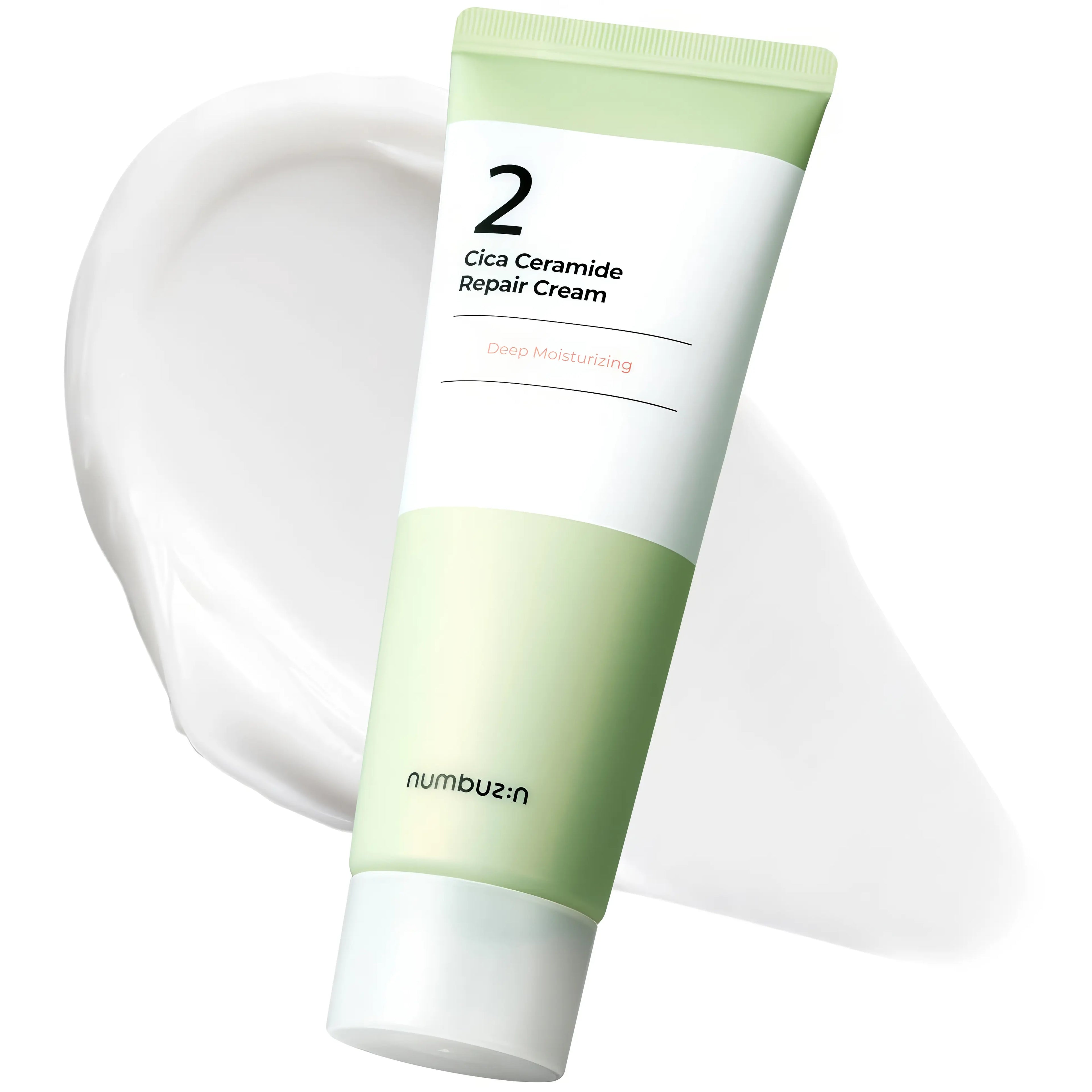 Numbuzin No.2 Cica Ceramide Repair Cream (60ml), buttery moisturizer for sensitive, irritated, dry skin with ceramide NP 10,000ppm, centella asiatica, madecassoside, asiaticoside, niacinamide, shea butter, multi-hyaluronic acid to repair barrier, soothe redness, deeply hydrate, and calm without greasiness.
